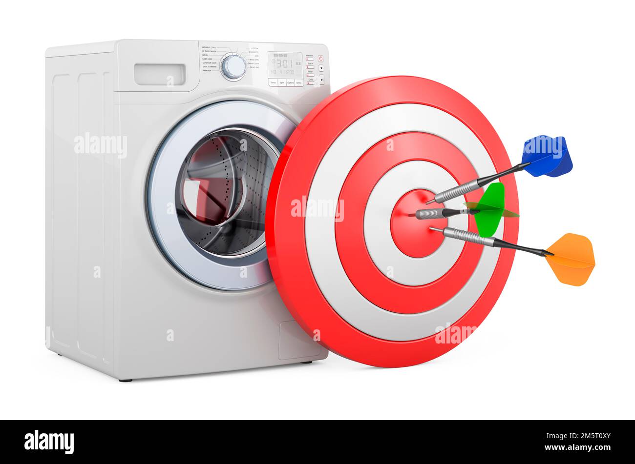 Washing machine and target with arrows. 3D rendering isolated on white