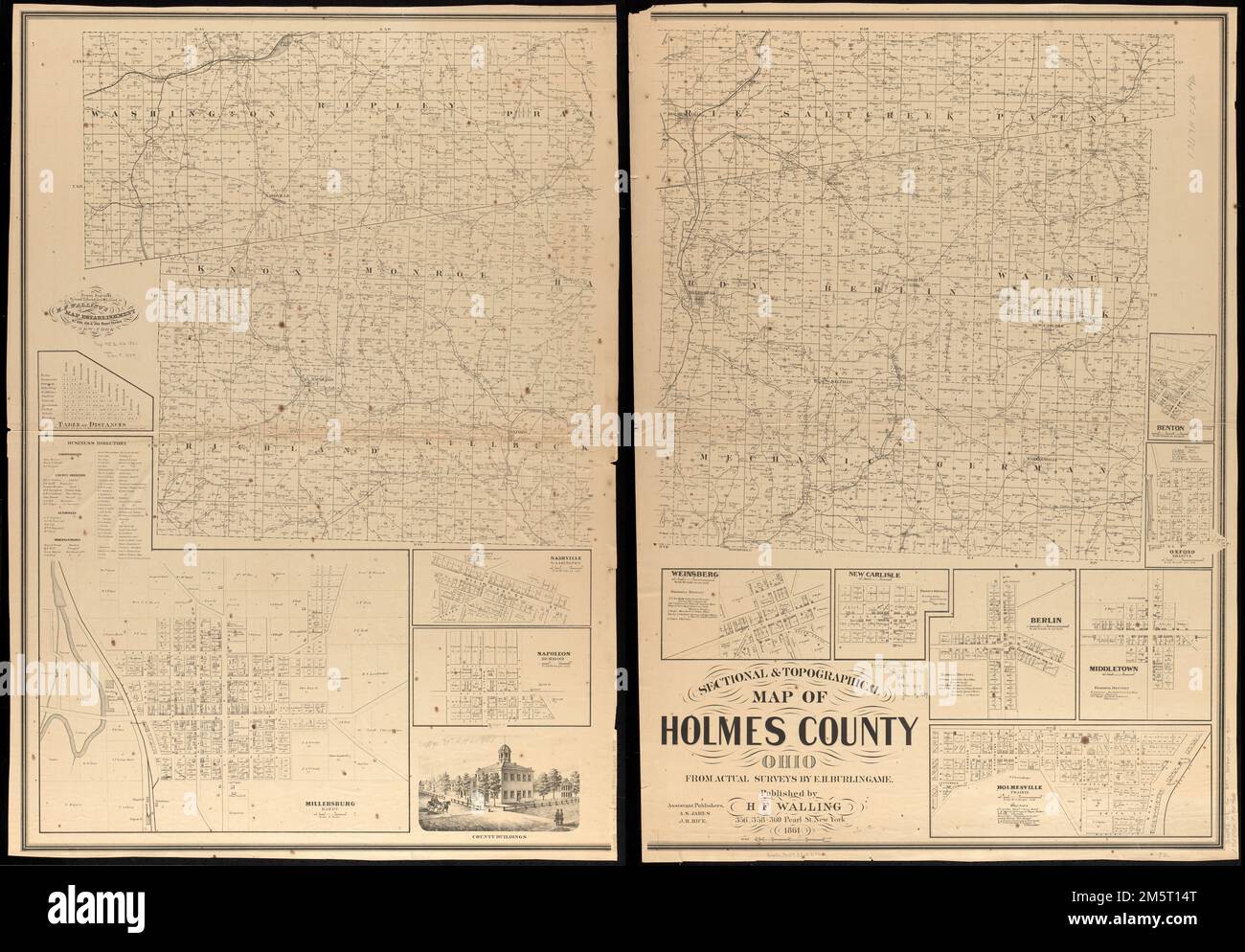 Sectional & topographical map of Holmes County, Ohio. Includes distance table, 9 insets and a