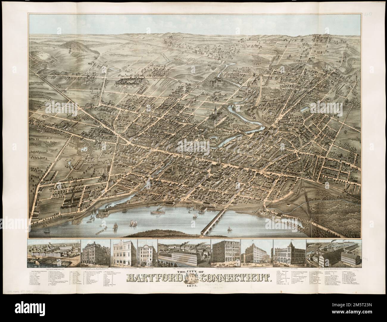 The city of Hartford Connecticut : 1877. Bird's-eye view. Includes ill. and index to points of interest.. America Transformed: For several decades following the Civil War, Hartford, Connecticut ranked as the richest city in the nation. As the headquarters for numerous insurance companies, it was known as the 'insurance capital of the world.' The city also led the Industrial Revolution as a large producer of guns, sewing machines, and machine tools. One marginal inset illustrates the Colt Arms Manufacturing Company, which produced guns widely used during the Civil War and in later conflicts wit Stock Photo