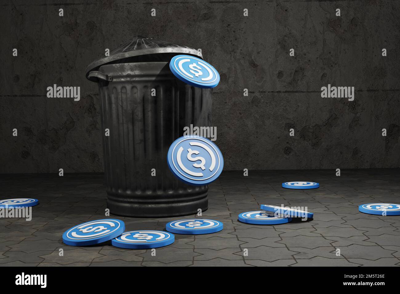 Many USD coins falling from a metallic rubbish bin in street. Illustration of the concept that USDC and stablecoin is on the brink of collapse Stock Photo