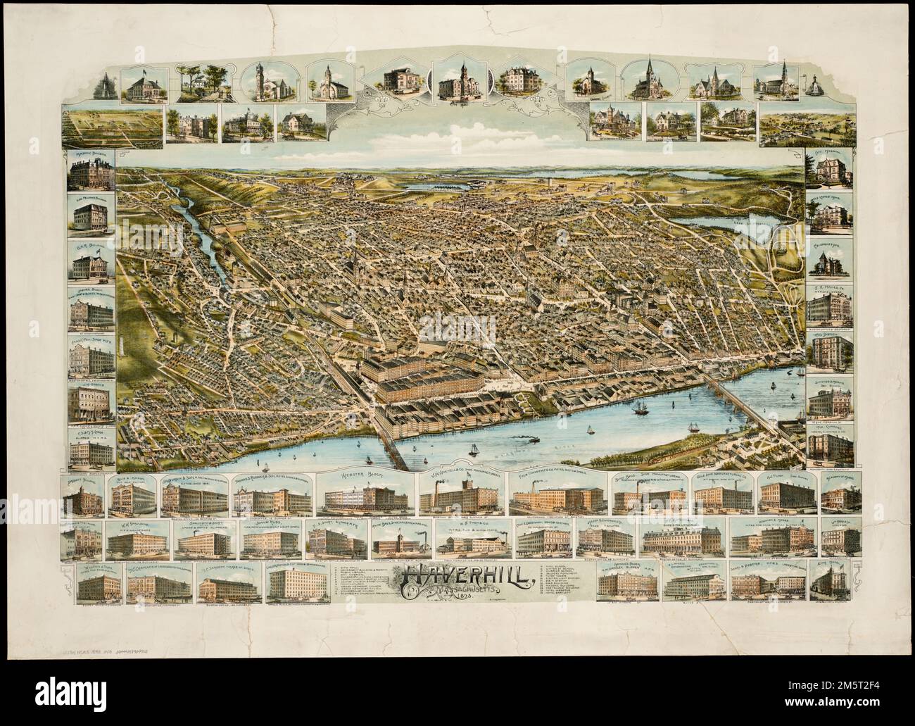 Haverhill, Massachusetts : 1893. Bird's-eye view. Includes ill. and index to points of interest.. Haverhill, located on the north side of the Merrimack River, is depicted from the south in this colorful bird's eye view. This composition focuses on the city's waterfront and central business district. Several larger factories, located near the railroad tracks and small tributary Little Rive rare positioned just left of center. However, the true nature of the city's industrial and commercial activity is captured in the marginal insets. Of the sixty-four vignettes, twenty-eight depicted boot, shoe Stock Photo