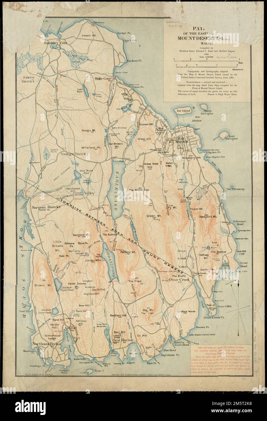 Path map of the eastern part of Mount Desert Island, Maine. Relief