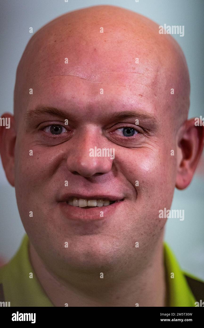 Michael van Gerwen talking to the media after wining his match during day thirteen of the Cazoo