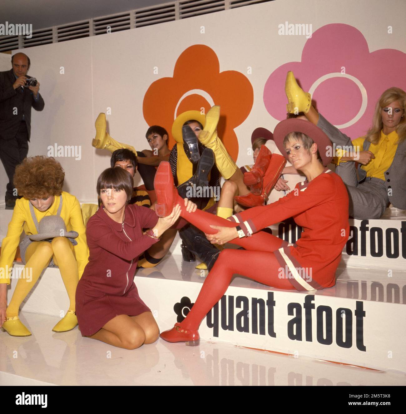 File photo dated 01/08/67 of models showing off their footwear with fashion designer Mary Quant (kneeling), who has been appointed a member of the Order of the Companions of Honour for services to Fashion in the New Year Honours list. Issue date: Friday December 30, 2022. Stock Photo