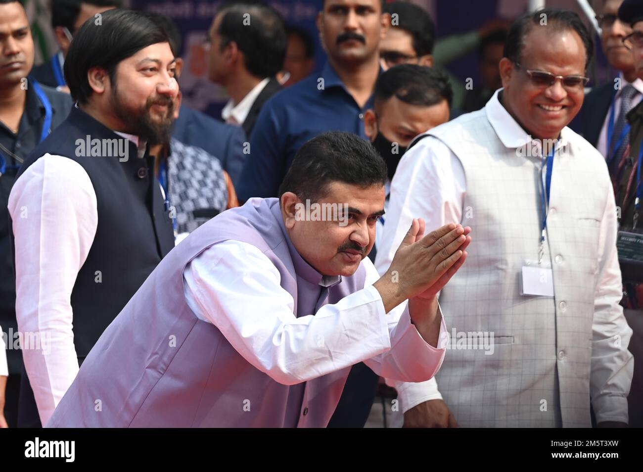 KOLKATA, INDIA - DECEMBER 30: BJP leader Subhendu Adhikari greets delegates delegates after flags off Vande Bharat Express Train from Howrah station at Howrah station on December 30, 2022 in Kolkata, India. Soon after performing the last rites of his mother Heeraben in Ahmedabad, Prime Minister Narendra Modi attended pre-planned developmental works including flagging off Vande Bharat Express connecting Howrah to New Jalpaiguri, in West Bengal, via video conferencing. This is West Bengal's first and the country's seventh Vande Bharat train to be launched. (Photo by Samir Jana/Hindustan Times/Si Stock Photo