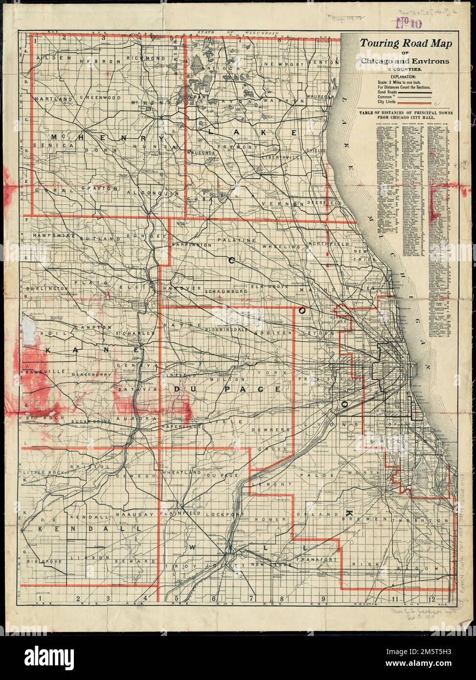 Touring road map of Chicago and environs 6 counties. Includes table