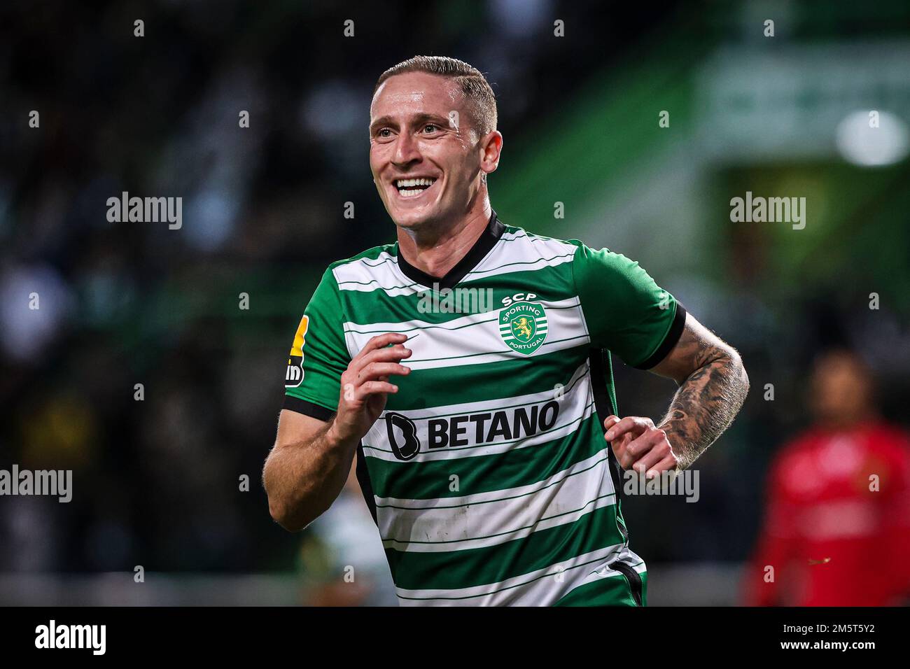 Nuno Santos of Sporting CP celebrates a goal during the Liga Portugal Bwin  match between Sporting CP and Paços de Ferreira at Estadio Jose  Alvalade.(Final score: Sporting CP 3:0 FC Paços de