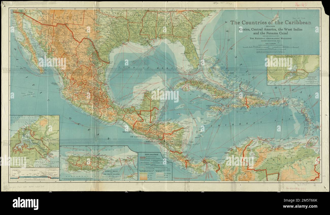 The countries of the Caribbean : including Mexico, Central America, the West Indies and the Panama Canal. Relief shown by gradient tints and spot heights. Depths shown by gradient tints. Insets: Guantanamo Bay, Cuba [approximately 1:400,000] -- Porto Rico and the Virgin Islands [approximately 1:1,300,000] -- The Panama Canal and the Canal Zone [and cross-section showing extent of canal excavation] [approximately 1:500,000].... , Mexico Mesoamerica  ,area  Panama  , Canal Zone  ,area  Cuba  , Guantánamo  ,province   , Guantánamo, Bahía de  ,bay  West Indies Caribbean Sea Stock Photo