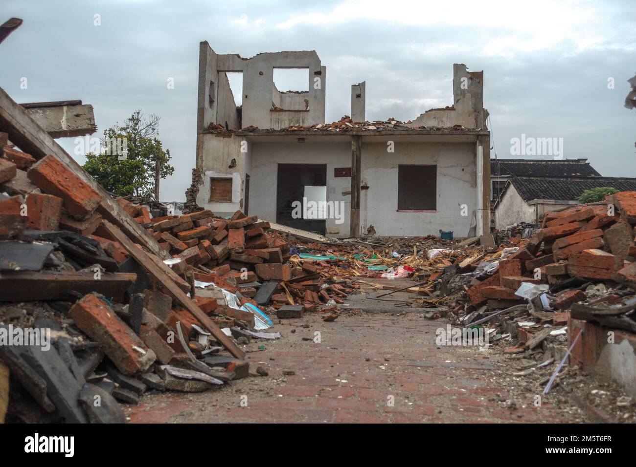 An outdoor view of ruined and abandoned houses in an old village Stock ...