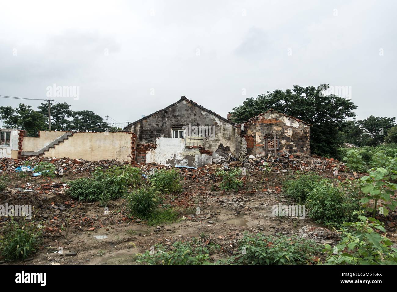 An outdoor view of ruined and abandoned houses in an old village Stock ...
