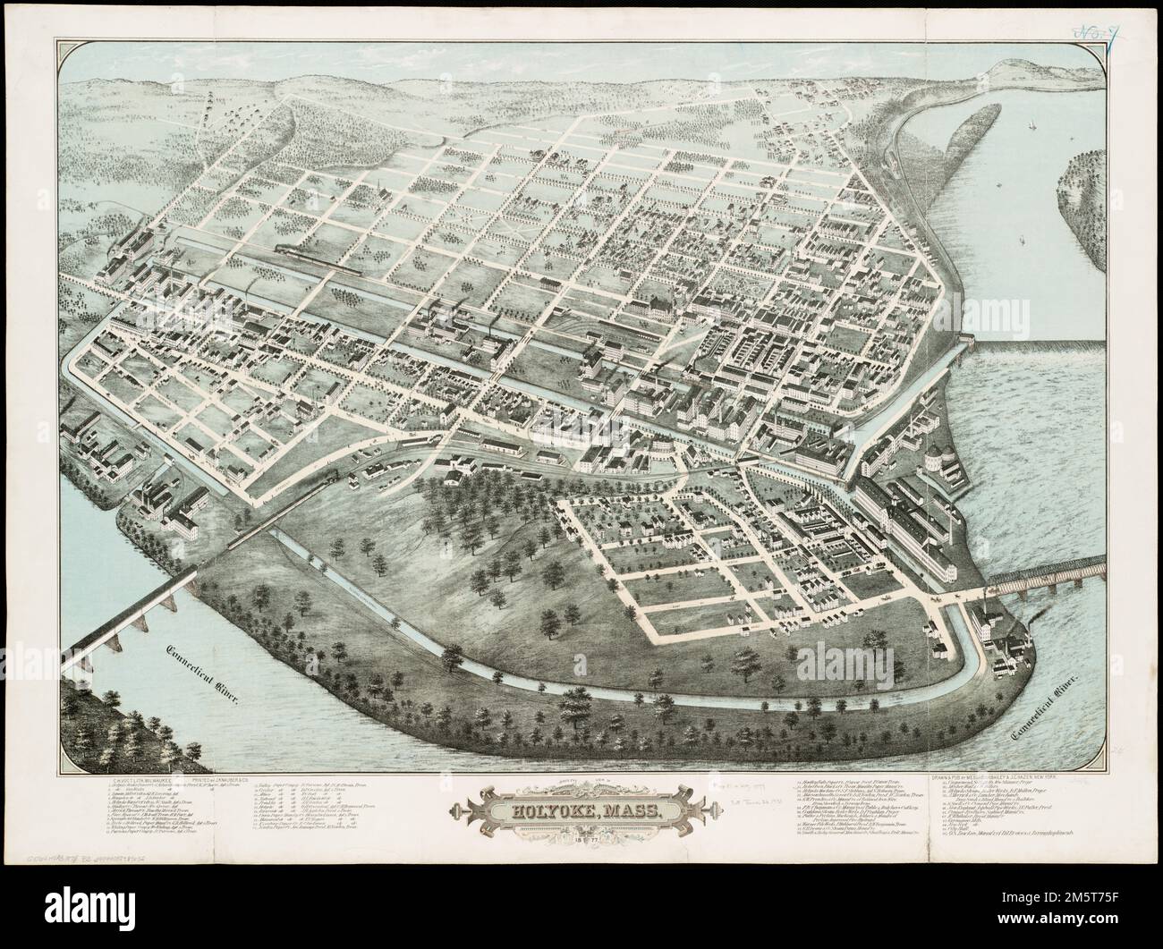 Bird's eye view of Holyoke, Mass : 1877. Includes index to points of interest.. Located on a bend of the Connecticut River adjacent to Hadley Falls, the industrial city of Holyoke is viewed from the southeast in this birds eye view. The dominant features of Baileys composition are the river, the falls, and a series of canals built to provide water power for potential industries. Although the area was settled in the early 18th century, large-scale industrial development did not become important in Holyoke until the late 1840s. At that time a group of Boston industrialists constructed a dam and Stock Photo