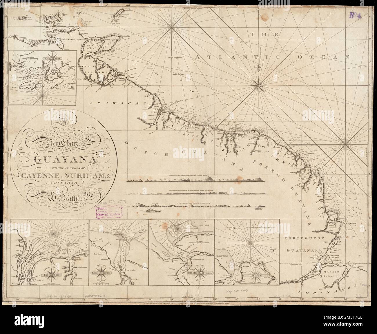 A new chart of Guyana with the colonies of Cayenne, Surinam, & Trinadad. Relief shown by hachures. Depths shown by soundings. Engraved by J. Stephenson. Insets: Chaguaramas; Essequebo; Berbice River; The River Surinam; Cayenne. includes 4 coastal views. Cataloging, conservation, and digitization made possible in part by The National Endowment for the Humanities: Exploring the human endeavor.... , Guiana  ,area  Suriname French Guiana  ,territory   , Cayenne Trinidad and Tobago  , Trinidad  ,island Stock Photo