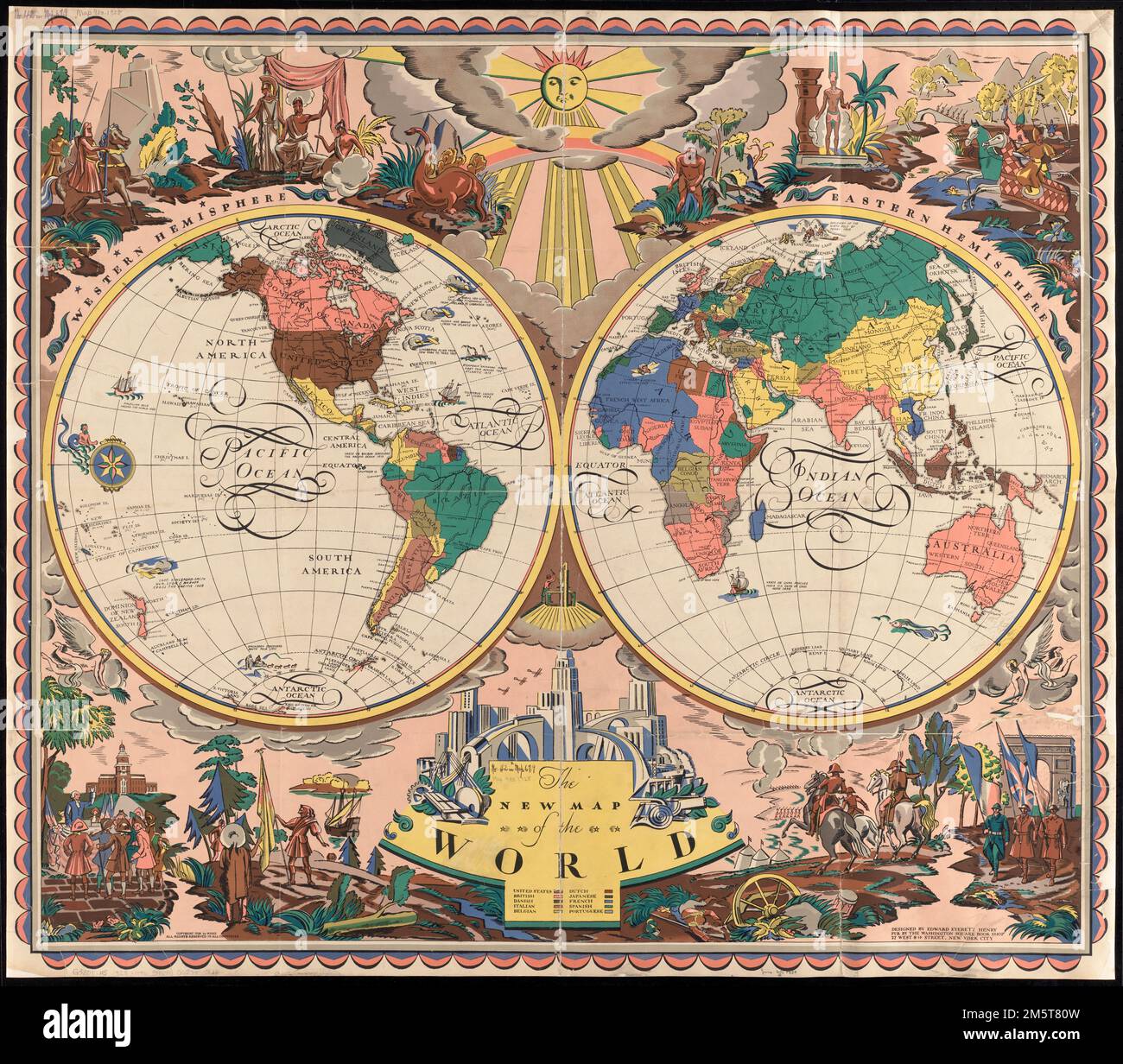 The new map of the world. Conservation of this piece was funded by Kristin Dukay in honor of Ann Starkey & Robert Paul; Rhonda Starkey & Ray Clark. Double hemisphere pictorial map of the world. Indicates territories and possessions. Includes historical notes. Includes illustrations of historical events.... , World Stock Photo