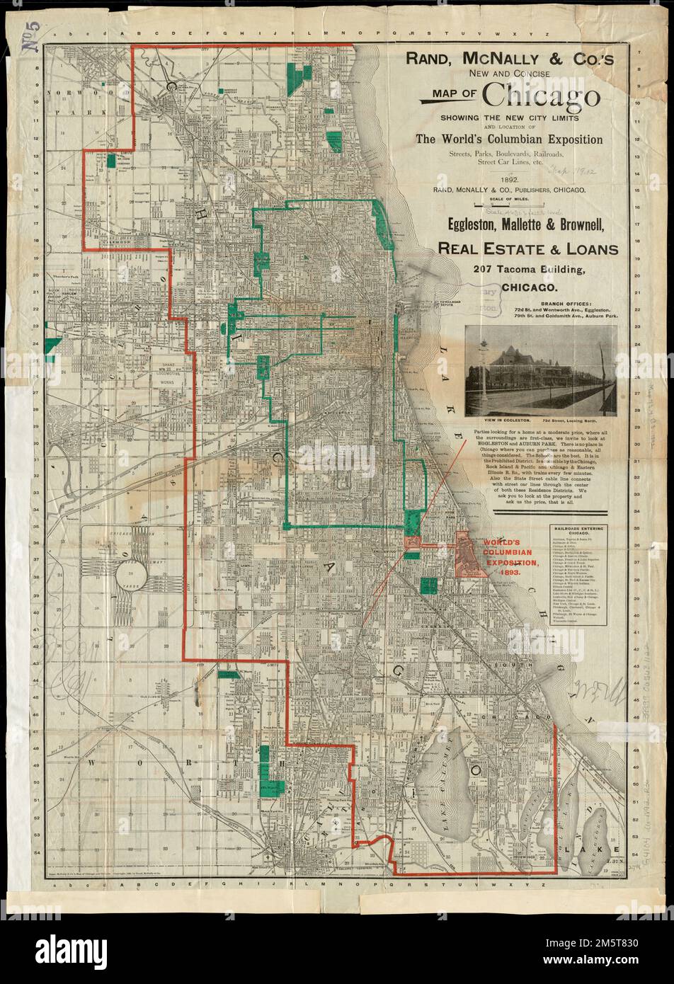 Rand, McNally & Co.'s new and concise map of Chicago : showing the city limits and location of the world's Columbian Exposition, streets, parks, boulevards, railroads, street car lines, etc.. Map of central Chicago on verso.... , Illinois  , Cook  ,county   , Chicago Stock Photo