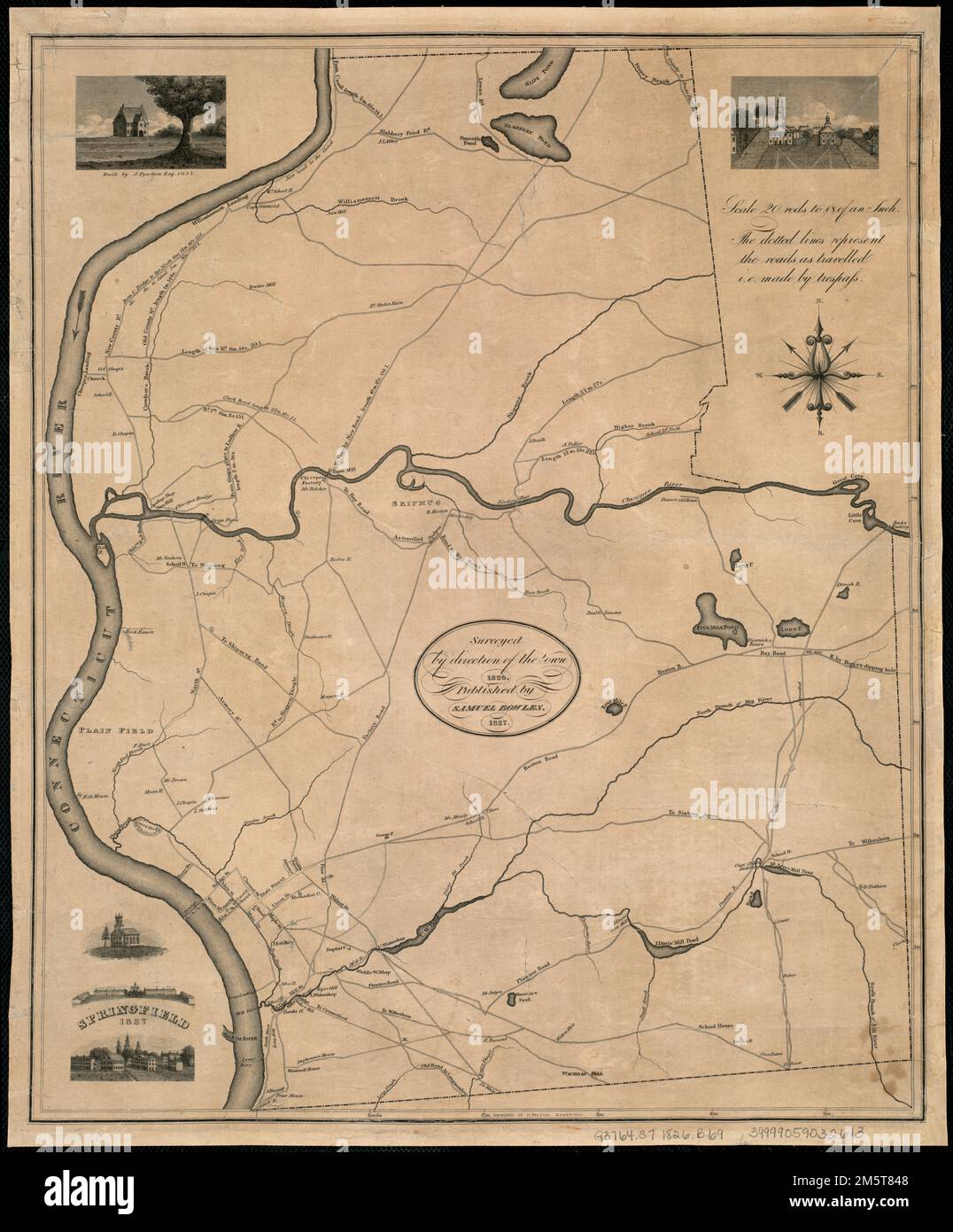 Springfield : surveyed by direction of the town 1826. Shows locations of churches, factories, mills, roads, schools, and the names of some property owners. Uncaptioned illustrations in two corners show churches and the Springfield Armory (?); in a third, a captioned illustration of a house 'Built by J. Pynchon 1657.' 'The dotted lines represent the roads as travelled i.e. by trespass.' 'Engraved by O. Pelton, Hartford.'... , Massachusetts  , Hampden  ,county   , Springfield Stock Photo