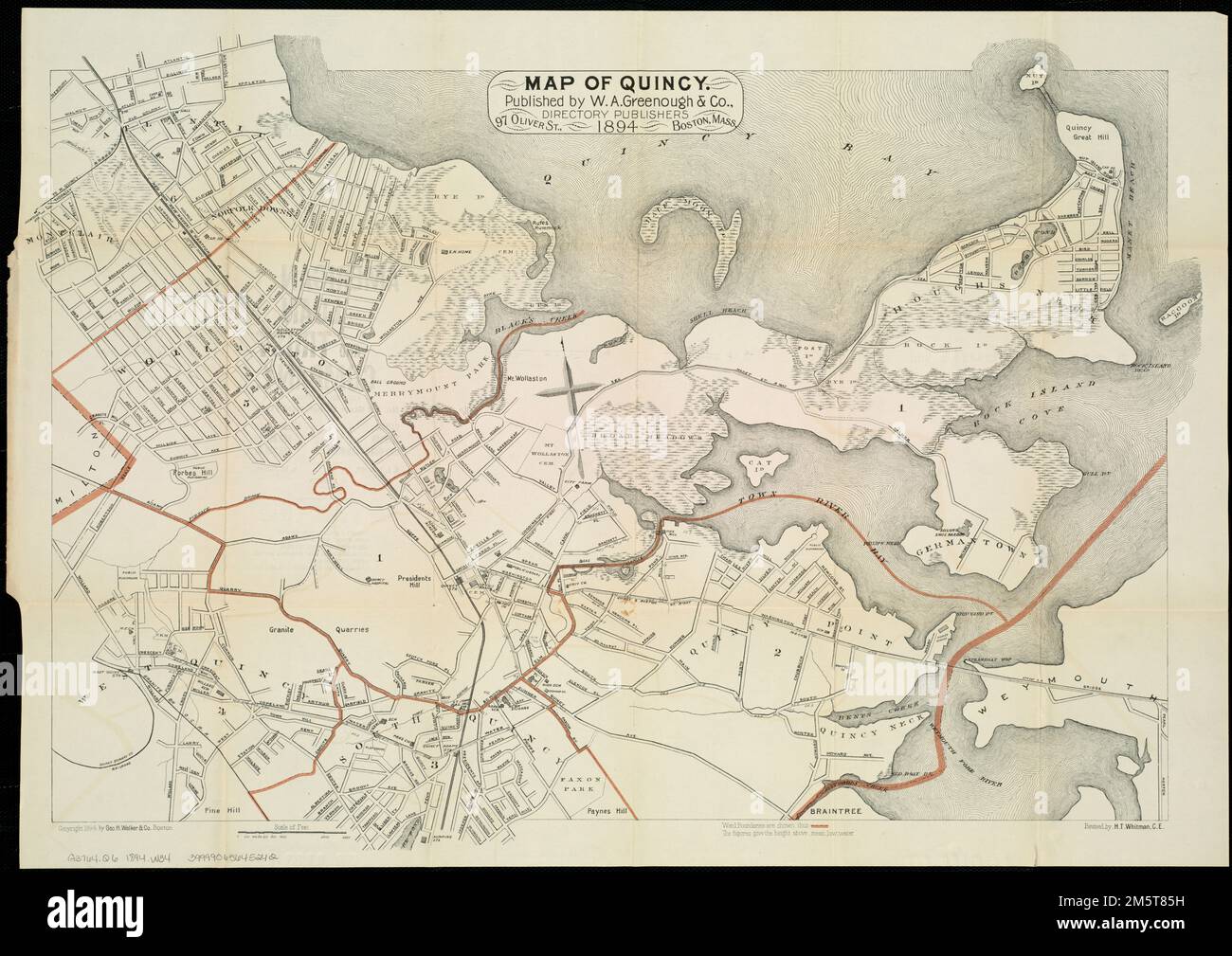 Map of Quincy. Shows ward boundaries in red. Oriented with North toward the upper left