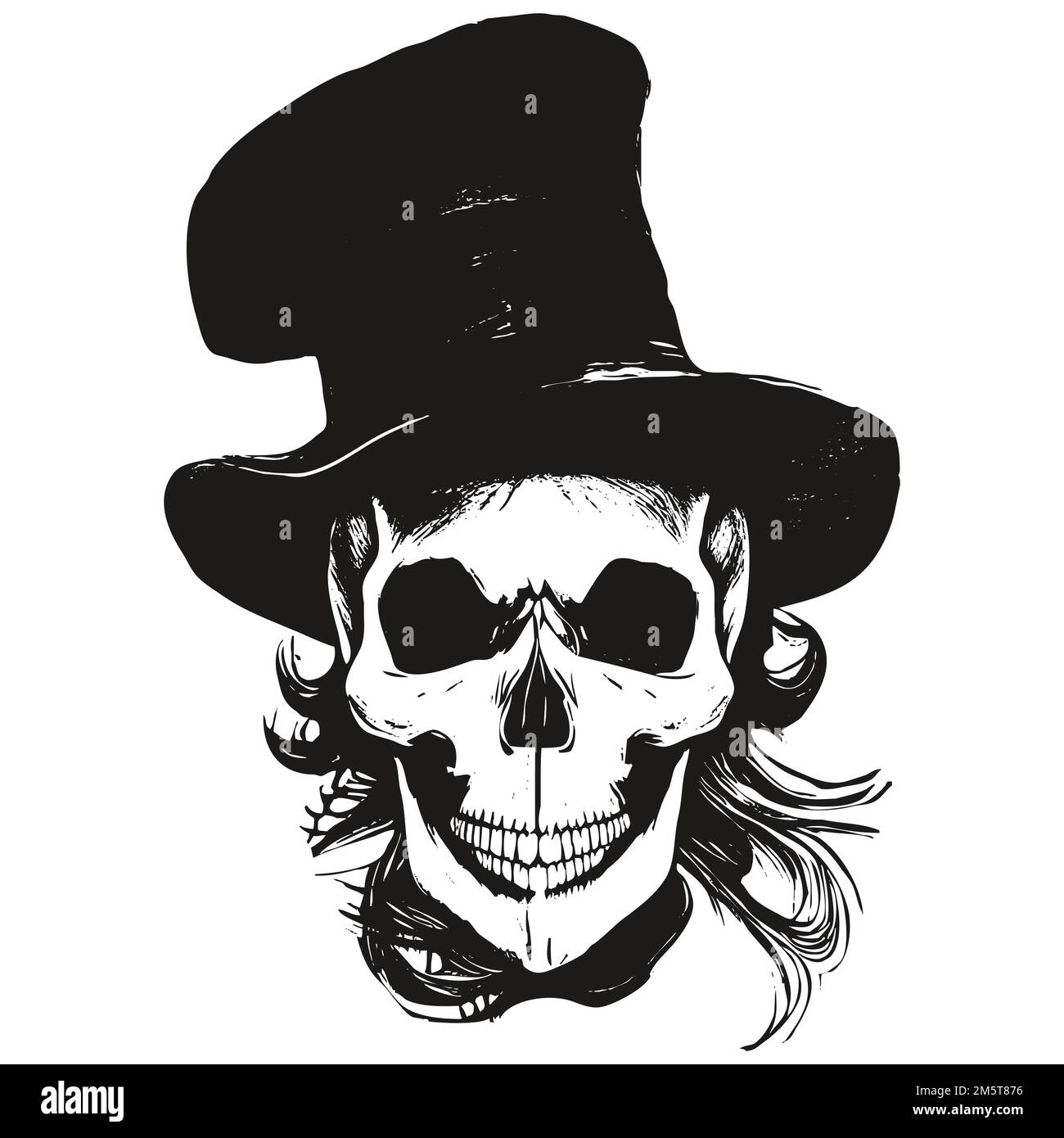 skull with top hat picture vector hand drawn ,black and white clip art
