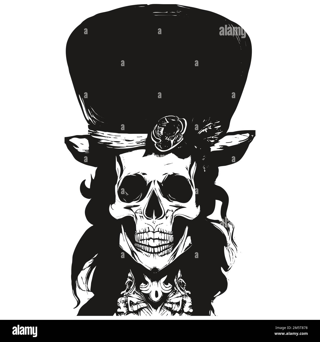 skull top hat image vector hand drawn ,black and white clip art Stock
