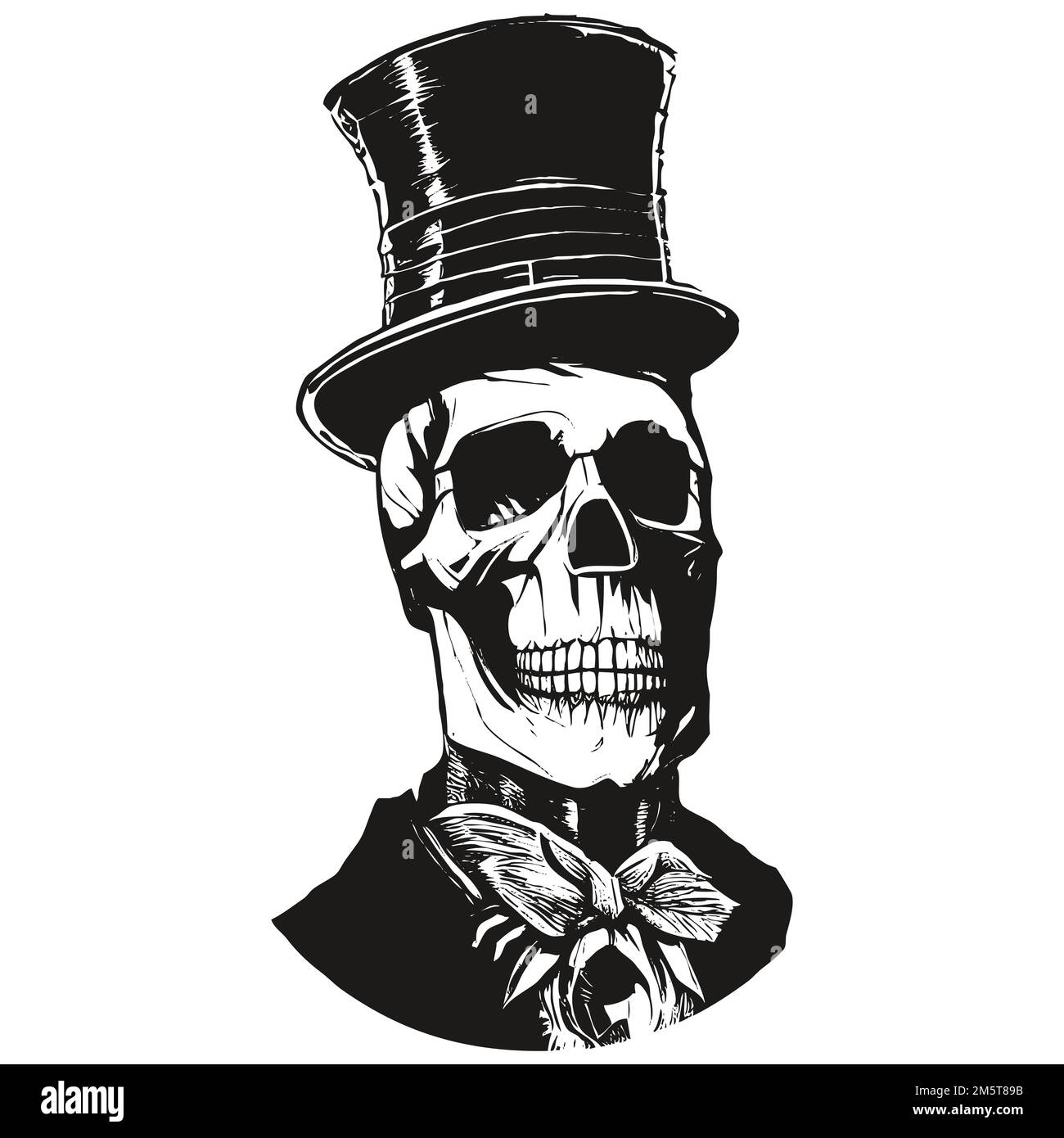 top hat skull tattoo image vector hand drawn ,black and white clip art