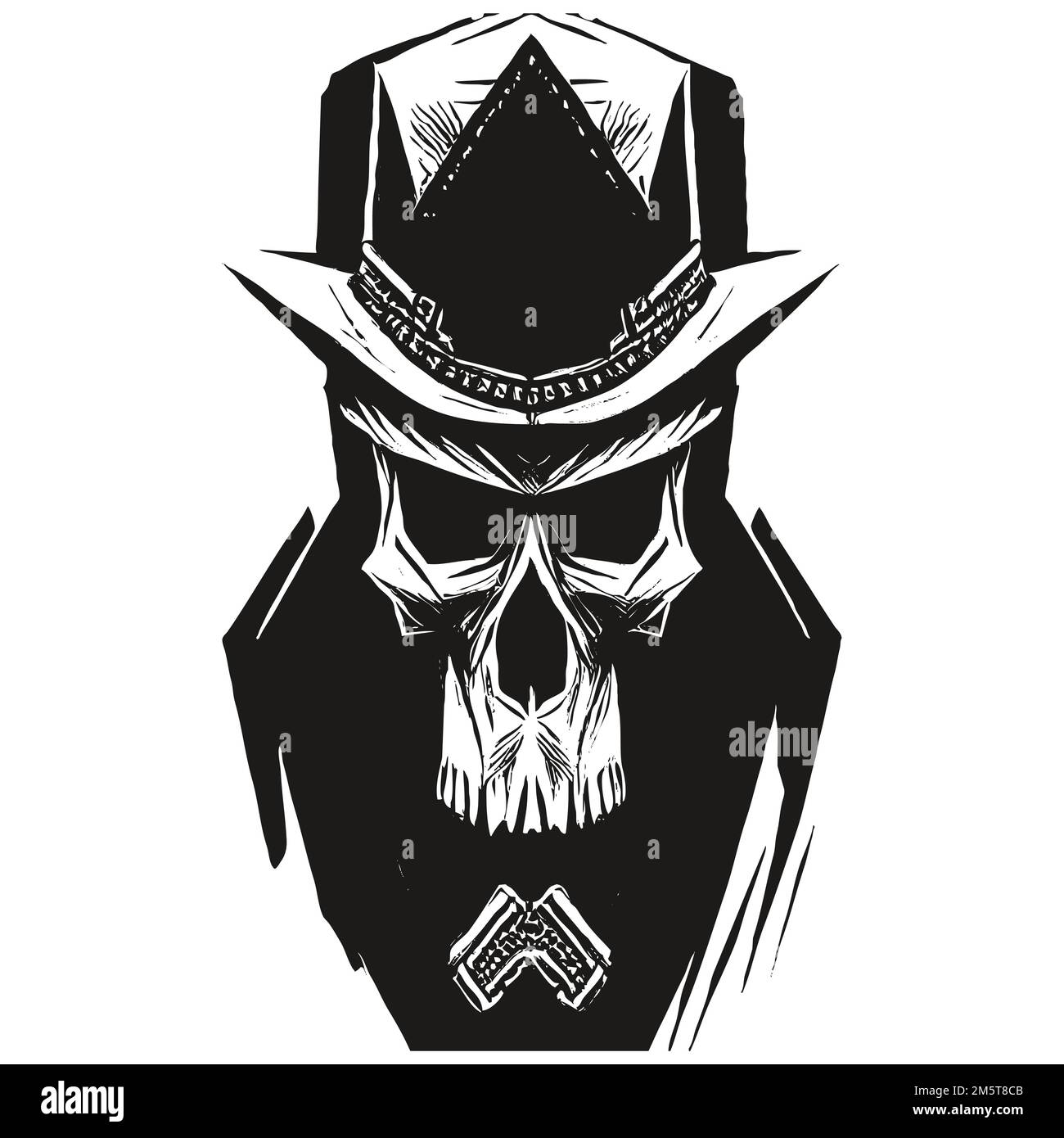 top hat skull vector hand drawn ,black and white clip art Stock Vector