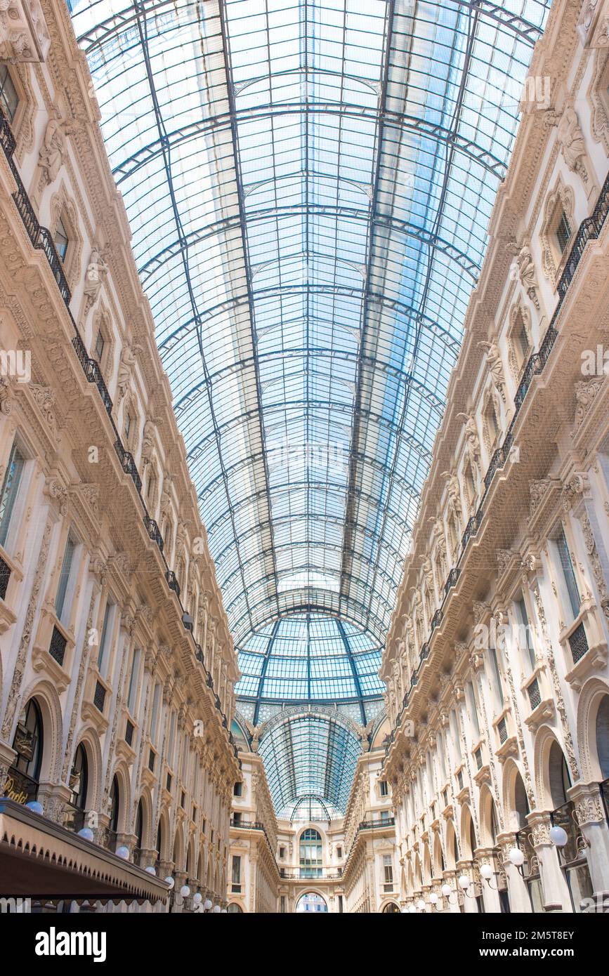 A beautiful low angle view of the arched glass roof and intricate