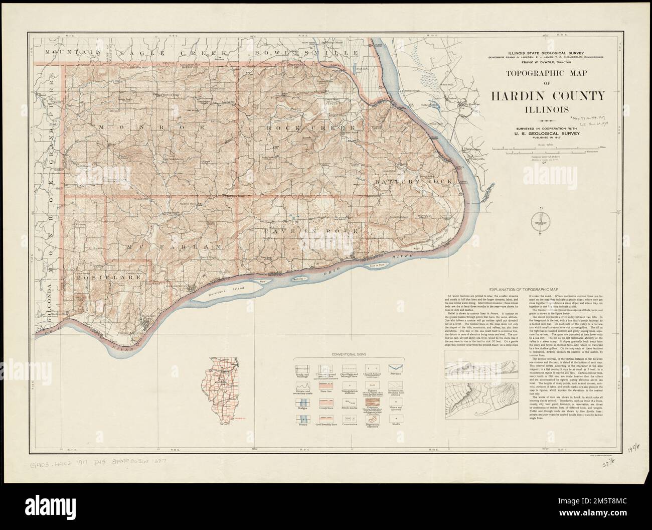 Topographic map of Hardin County, Illinois. Relief shown by contours
