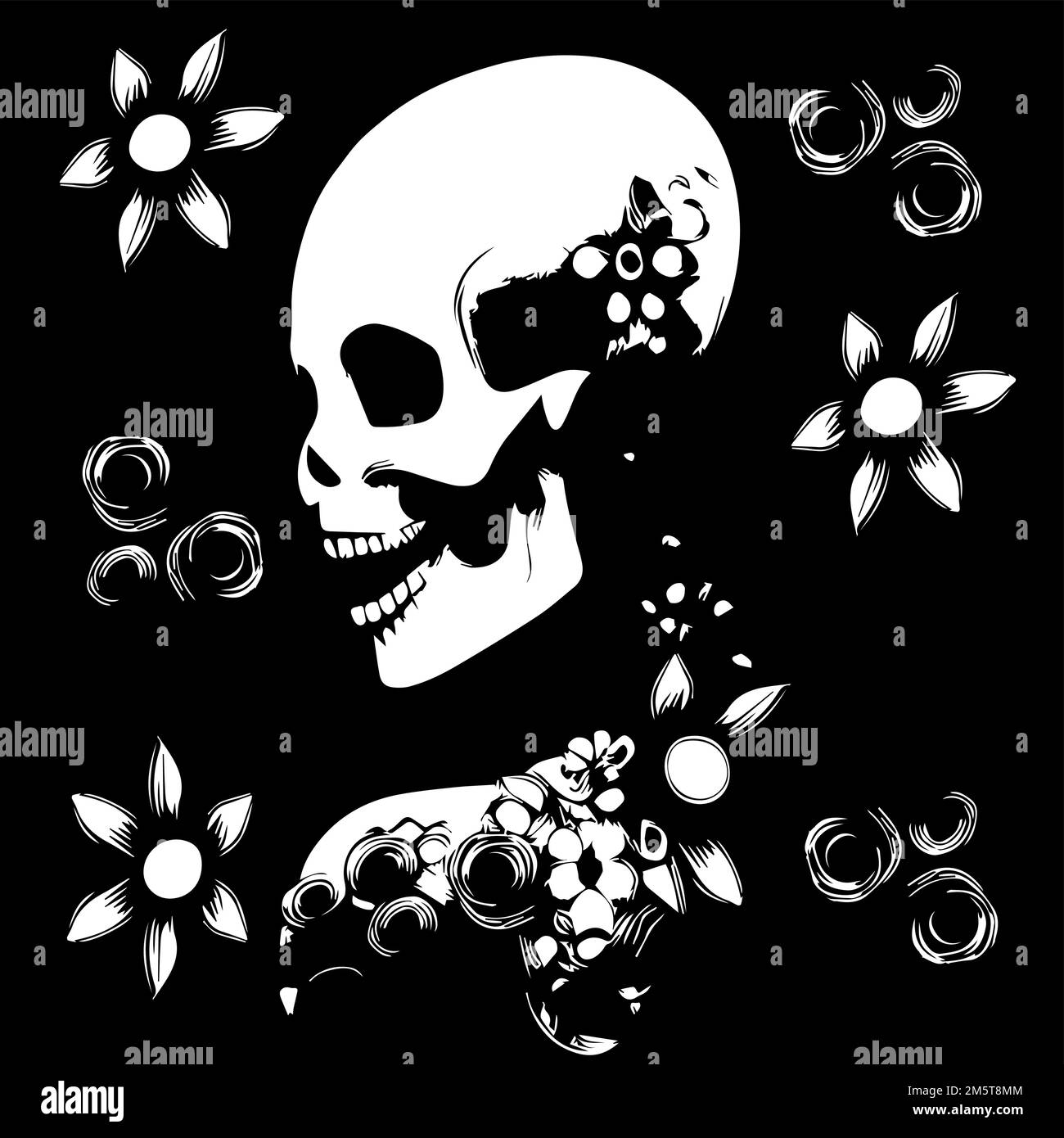 Black And White Skull Skeleton Head Design Element Flower On Head BW Cute Female  Skull EMO