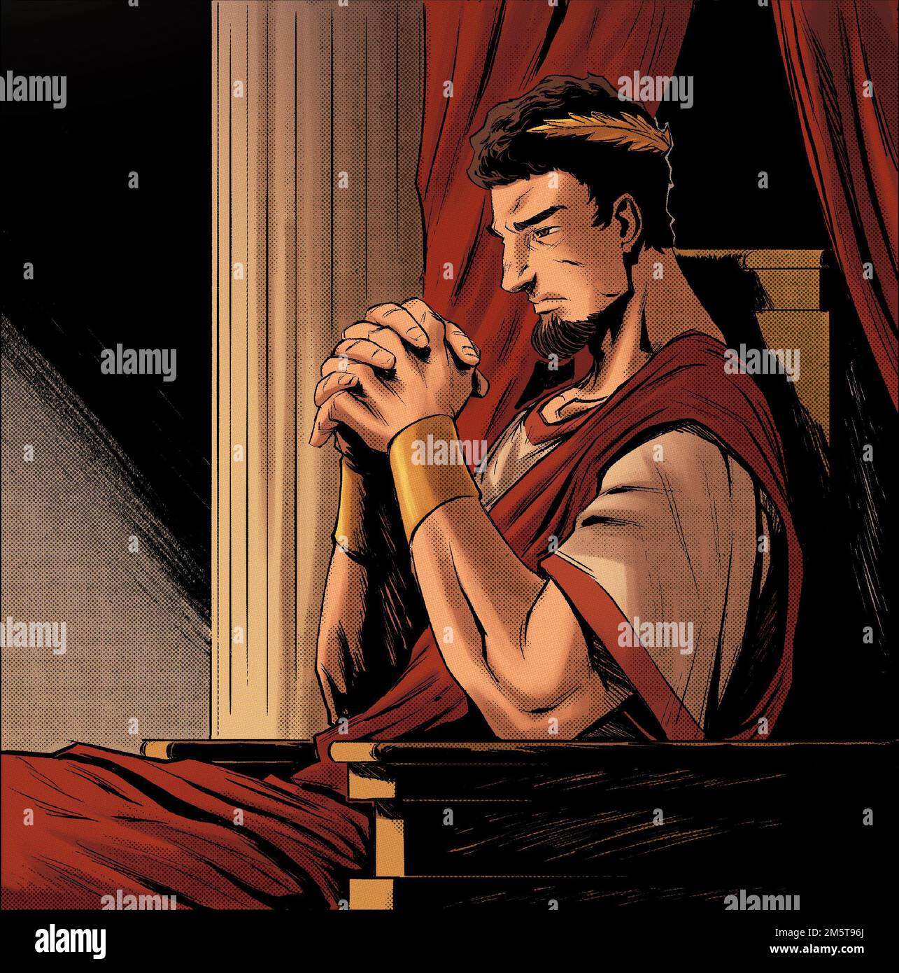 roman emperor or greek king sitting on throne thinking about future of