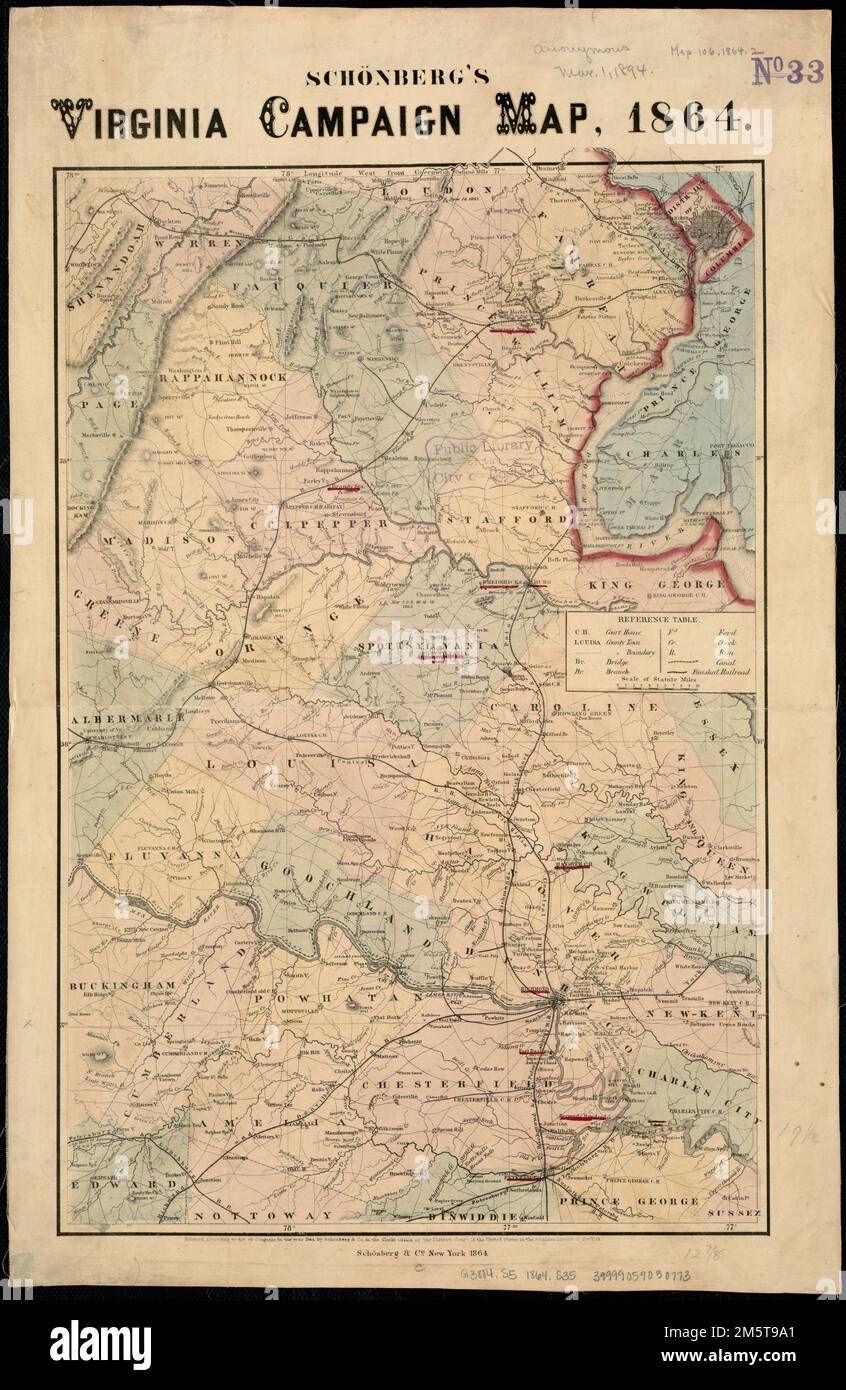 Schonberg's Virginia campaign map, 1864. Map extends from Ashby's Gap south to Winfield and Charlottesville east to Tappahannock and shows the location and date of engagements, towns, roads, railroads, county names and boundaries, drainage, and some relief by hachures. A few place names are underlined in red. Description derived from published bibliography.... , Virginia Stock Photo