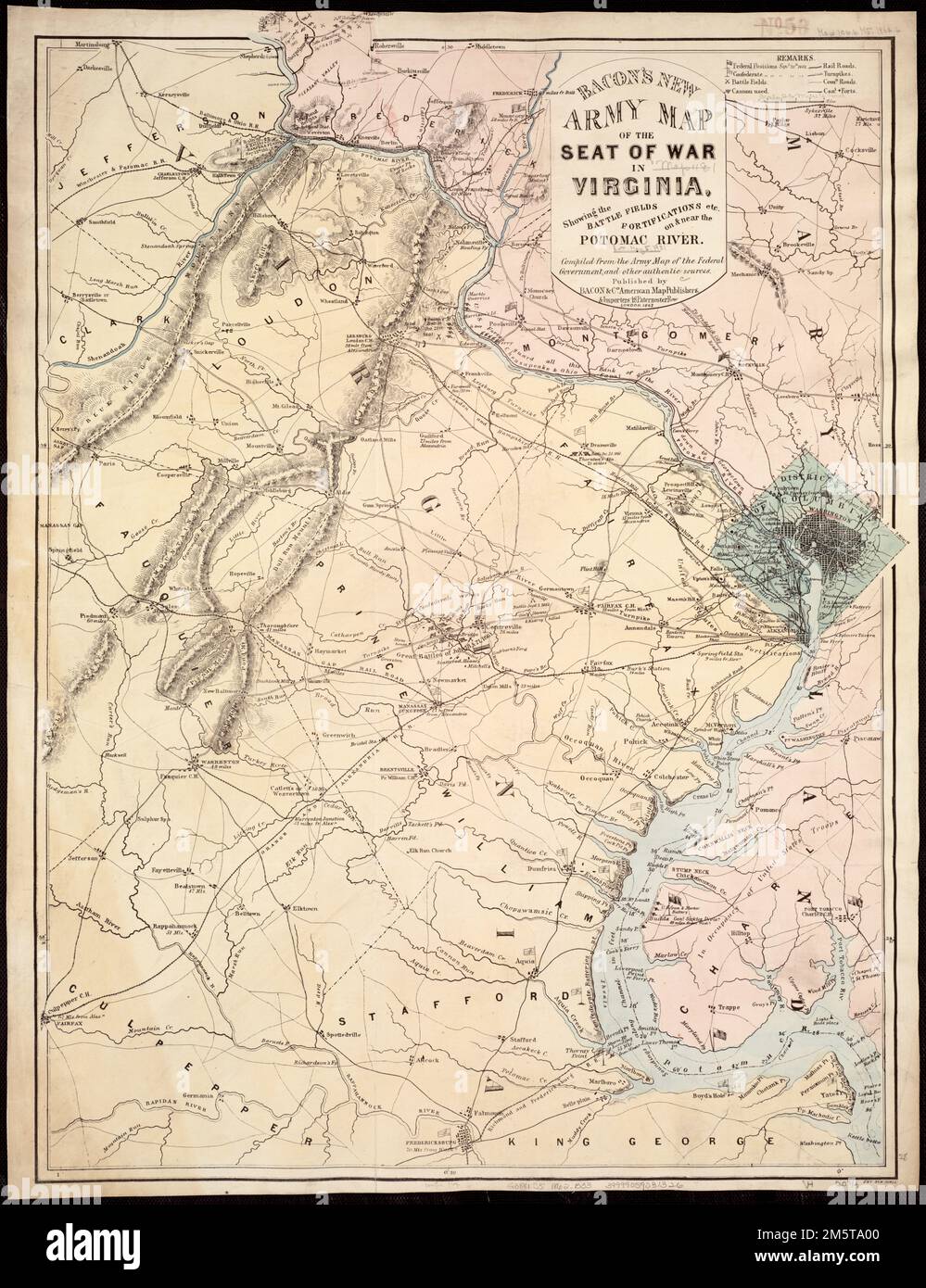 Potomac River Physical Map Bacons New Army Map Of The Seat Of War In Virginia Showing The Battle Fields Fortifications Etc On Near The Potomac River Map Of Northeast Virginia Washington Dc And Part Of Maryland Showing The Location And Date Of Engagements Battles In Which Cannons Were Used Country Names And Boundaries Roads Railroads Towns Drainage Hachures And A Few Soundings In The Potomac River Positions Held By Union And Confederate Forces Are Marked By Flags Description Derived From Published Bibliography Virginia 2M5TA00