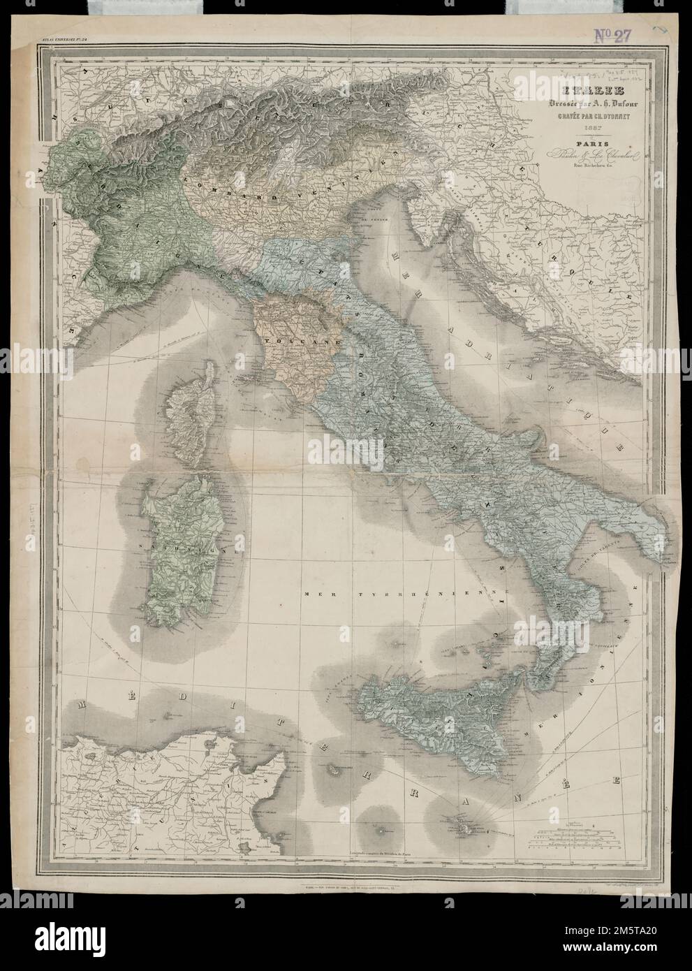 Italie. Relief shown by hachures. Exhibited in “Faces and Places,” at the Boston Public Library, Boston, MA, October 2003 - September 2004. MB (BRL). This map shows, in extraordinary detail, the roads, waterways, cities, towns, and topography of mid-19th-century Italy. Just north of the Sicilian island of Pantellaria, a tiny and brief note mentions the mysterious volcanic island of Ferdinandea (a.k.a. Graham Island) that rose out of the sea in 1831 only to sink again a few months later. When the island emerged from the ocean, it was immediately claimed by the Italian and British governments ea Stock Photo