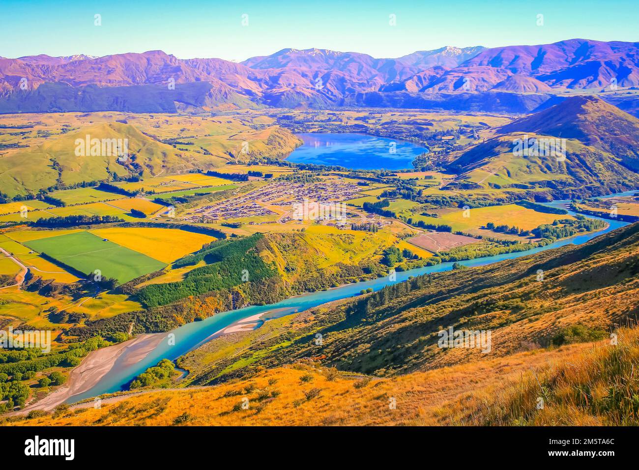 Above Queenstown countryside and river in south Island, Otago, New ...