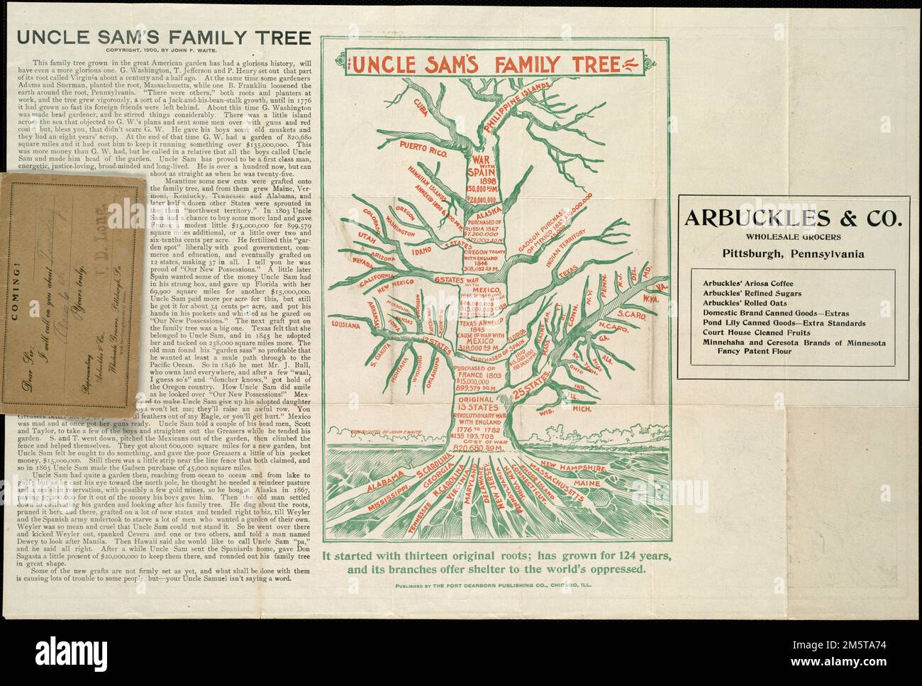 Uncle Sam's family tree.. Created as an advertisement for Arbuckles, a wholesale grocer, the territorial growth of the United States is compared to an orchard tree. Printed on the verso of a United States map, this unusual graphic is essentially a geographical time line, charting the chronological growth of the nation. In representing the United States, the cartographer uses a tree that sits in “the great American garden” and is tended by the mythical figure Uncle Sam. The roots symbolize the original thirteen colonies, while subsequent “grafts” and branches represent other states added by war Stock Photo