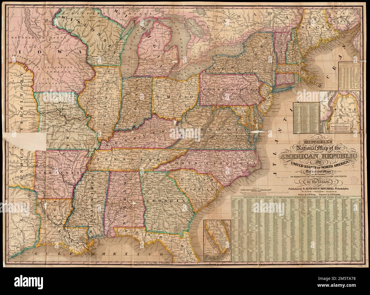 Mitchell's national map of the American Republic or United States of North America : together with maps of the vicinities of thirty-two of the principal cities and towns in the Union. Shows the United States east of Texas. Relief shown by hachures. Prime meridian: Washington, D.C. Insets: Map of the north-eastern boundary of the United States -- Map of the southern part of Florida. Includes 2 population tables. Accompanied by sheet of 32 city vicinity maps with population and resource tables... Mitchell's national map of the United States. Mitchell's national map of the United States, United S Stock Photo