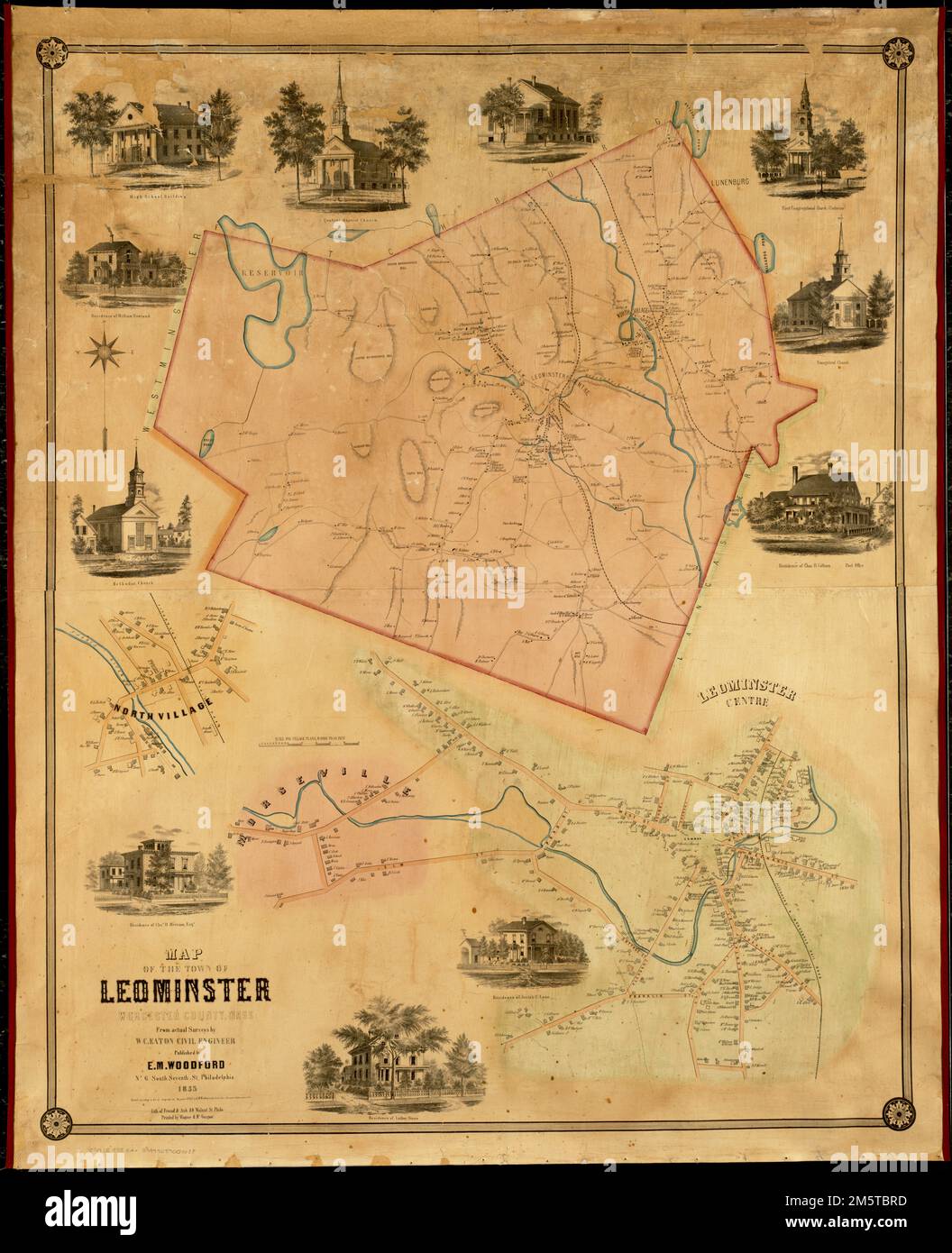 Map of the town of Leominster : Worcester County, Mass. Relief shown by hachures. Includes eleven ill. Details of Leominster centre, Morseville and North Village. 'Lith of Friend & Aub.' 'Printed by Wagner & McGuigan.'... , Massachusetts  , Worcester  ,county   , Leominster Stock Photo