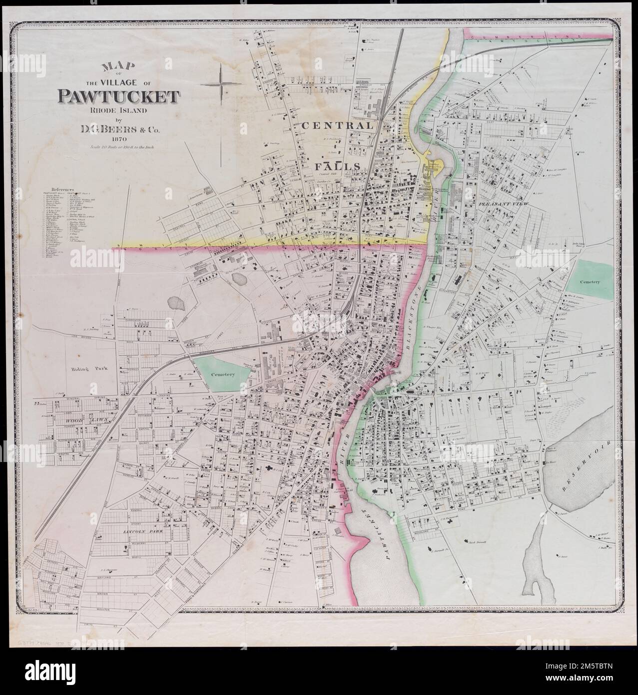 Map of the village of Pawtucket Rhode Island. Shows buildings and property owners. Includes