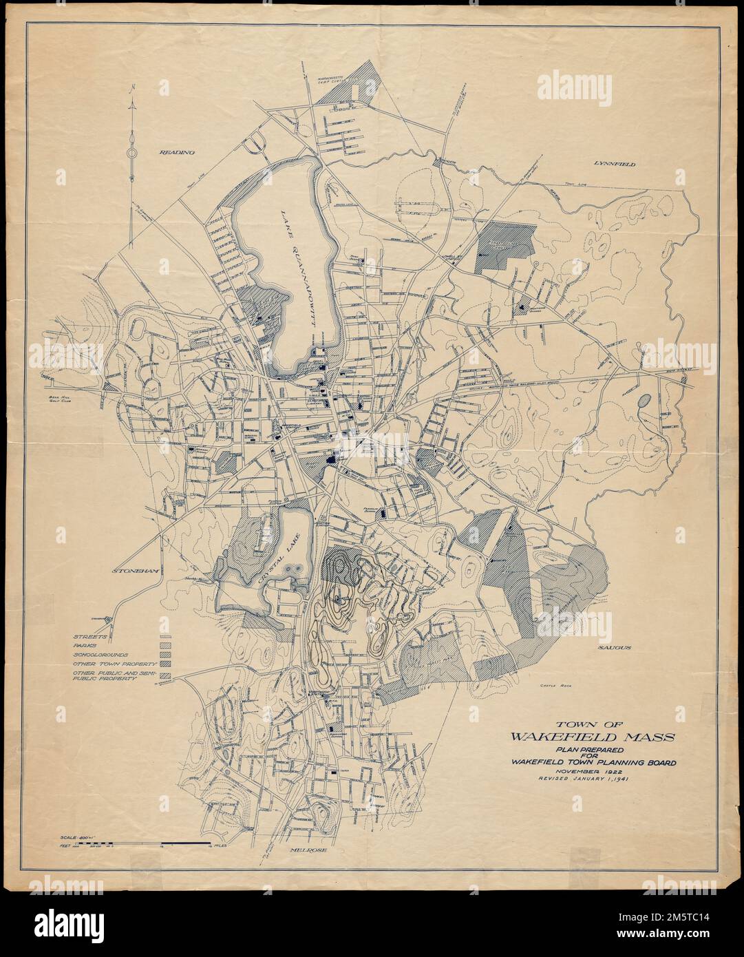 Town of Wakefield, Mass.. Map depicts Wakefield in 1924, showing roads