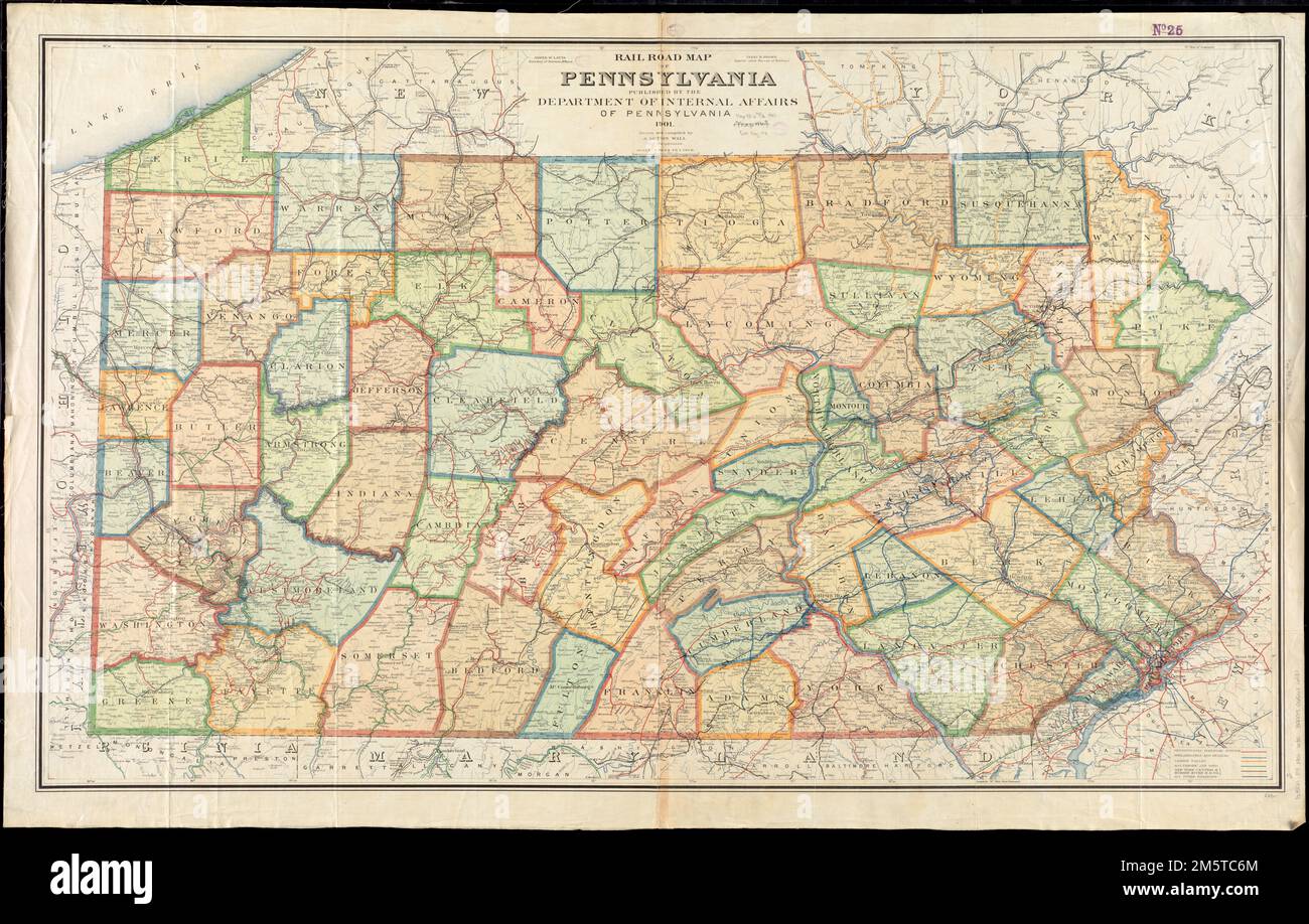 Rail road map of Pennsylvania. Shows counties, railroads, watershed