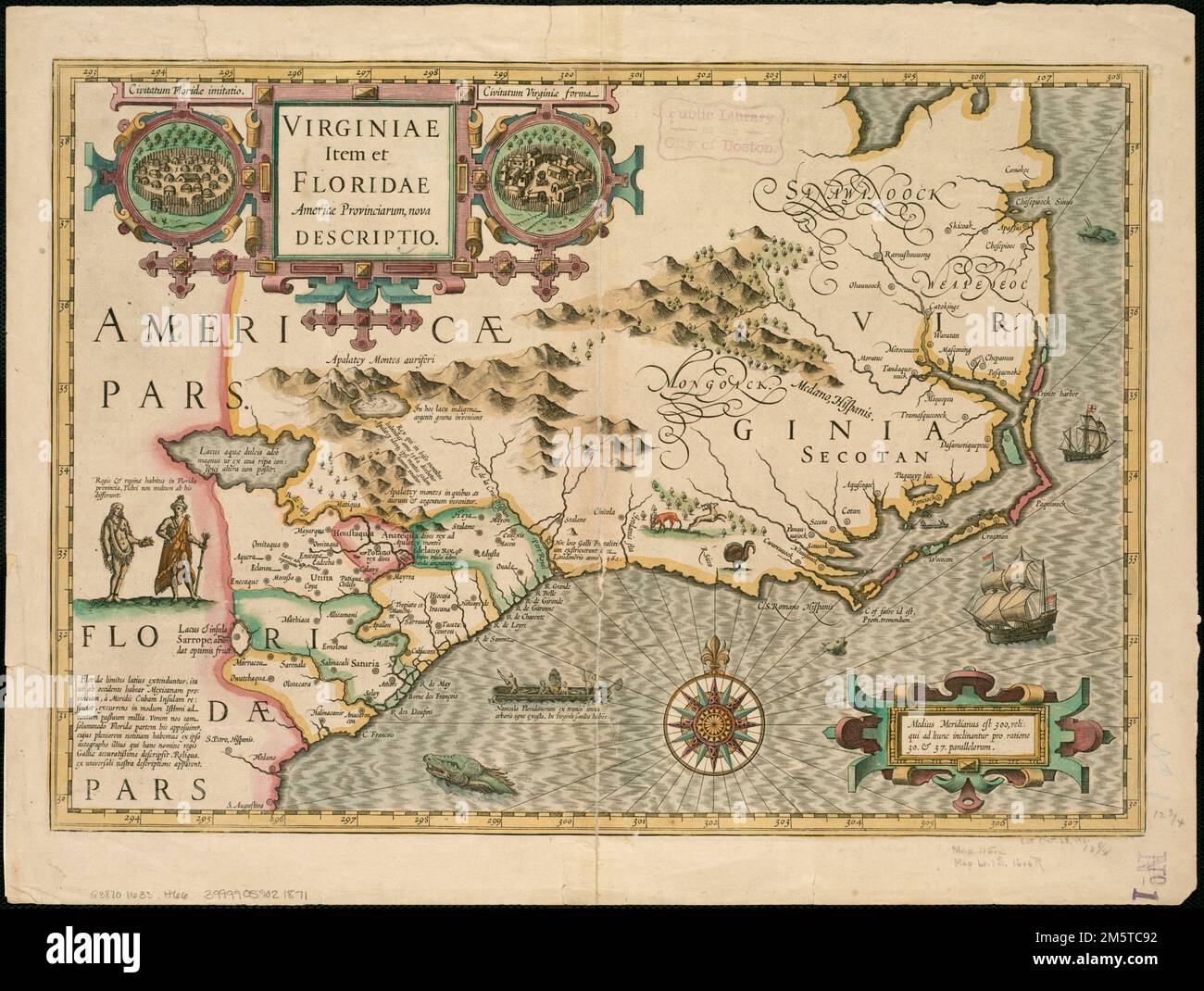 Virginiae item et Floridae Americae provinciarum, nova descriptio. Relief shown pictorially. Map by J. Hondius, from a French edition of Mercator's Atlas, probably 1633, with text on verso for 'Virginie et la Floride,' p. 697 and 700. Signature: Oooooooo, catchword: ayant. Includes notes, col. ill., and cartouche with a view of a Florida Indian village on the left, and a Virginia Indian village on the right. Text of the map in Latin; text on verso in French.... , Virginia Florida Stock Photo