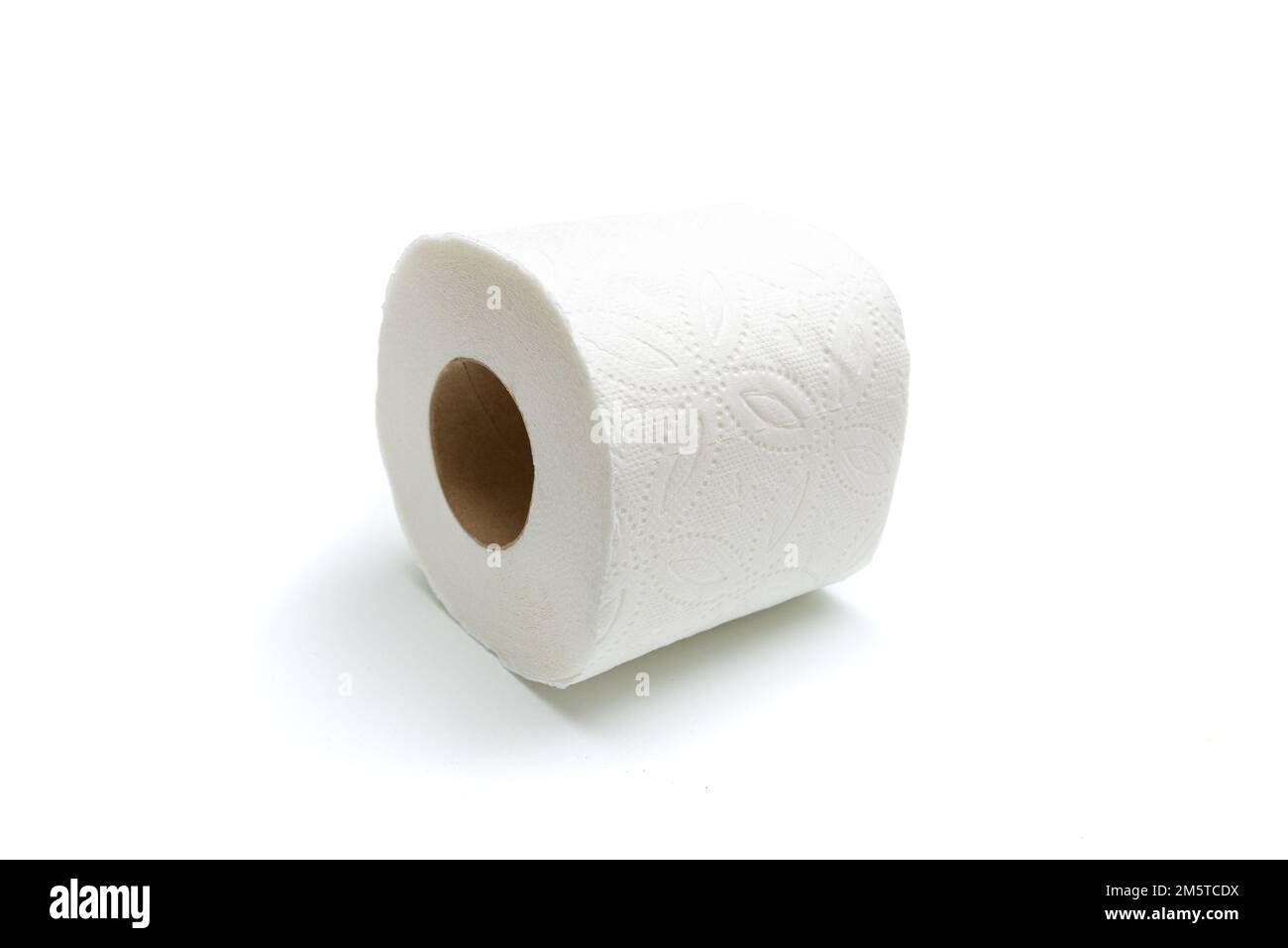 Single toilet paper roll isolated on white background Stock Photo