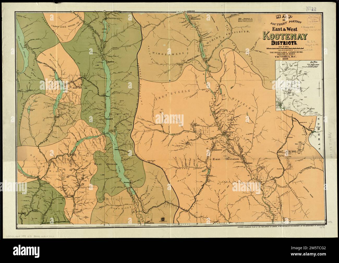 Map of southern portion East & West Kootenay Districts. Inset Key map