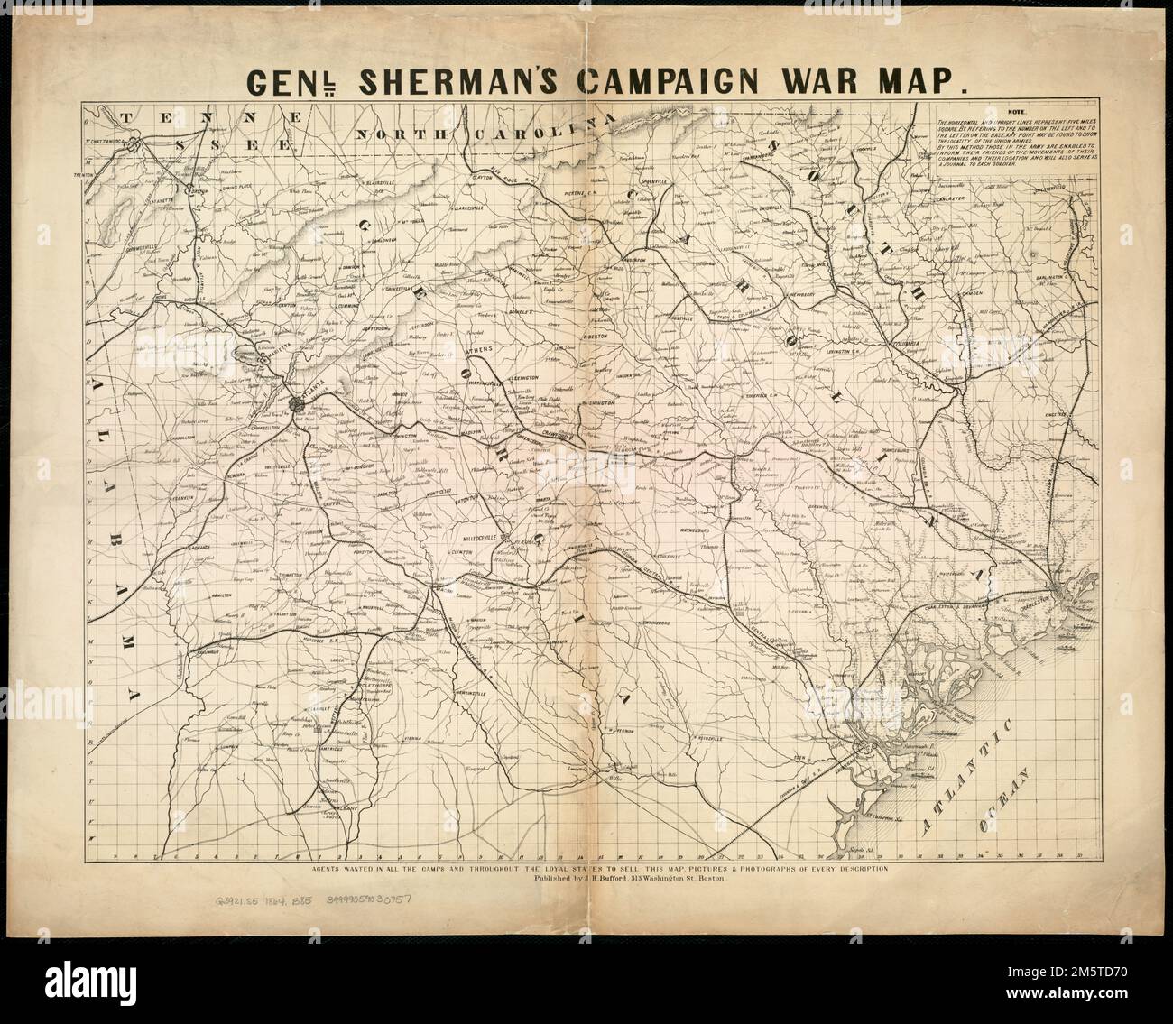 Genl. Sherman's campaign war map. The horizontal and upright lines [of the map grid] represent five miles square. By referring [sic] to the number on the left and to the letter on the base, any point may be found to show the locality of the Union armies. Description derived from published bibliography.. Map covering most of Georgia and South Carolina, showing defenses along the sea coast and around the principal towns, Confederate prisons at Andersonville and south of Millen, Ga., roads, railroads, towns, drainage, and relief by hachures... , Georgia South Carolina Stock Photo