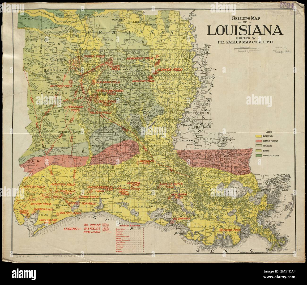 Gallup's map of Louisiana. Shows oil fields, gas fields and pipelines