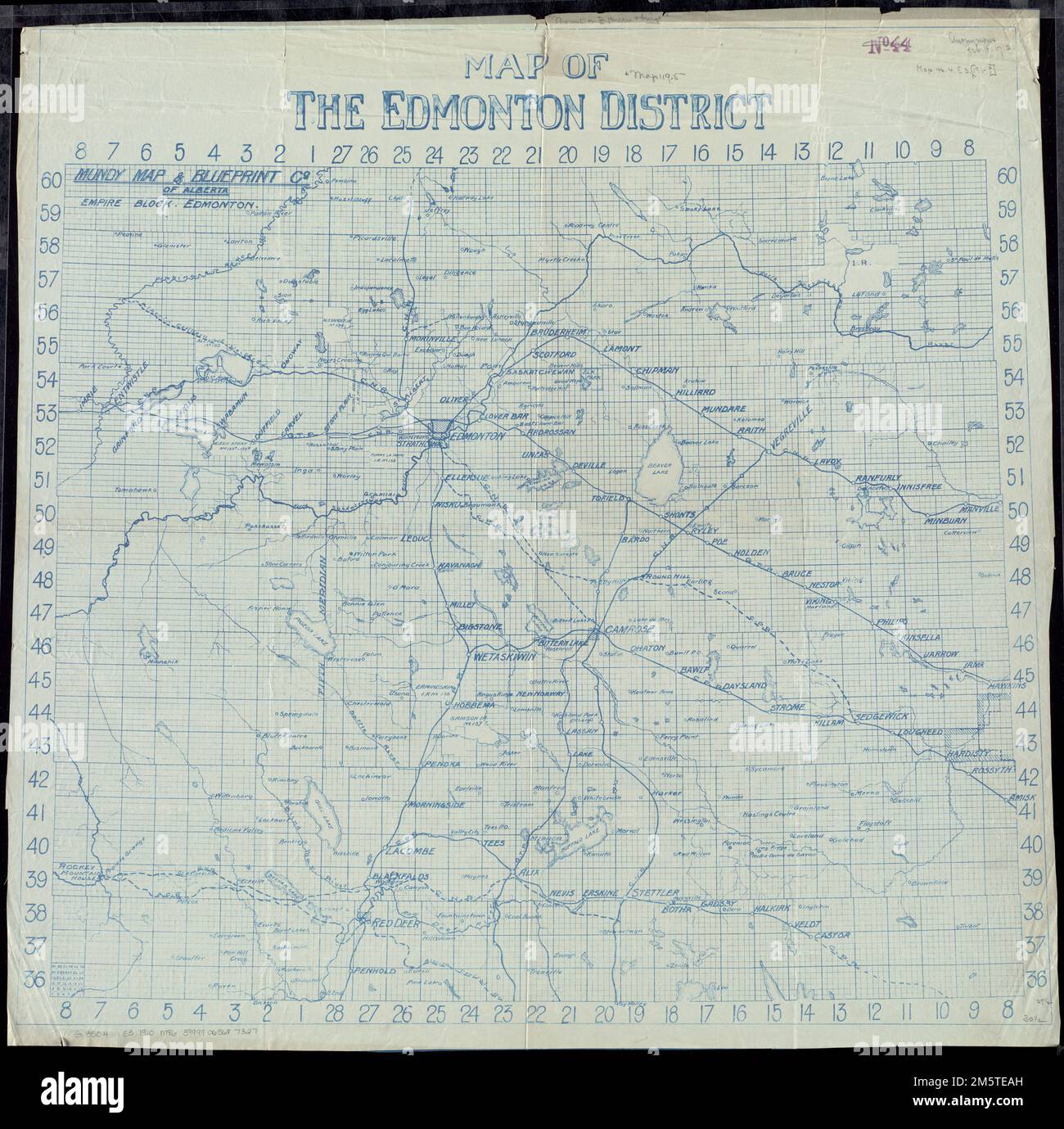 Map of the Edmonton District. Shows towns, roads, railroads and