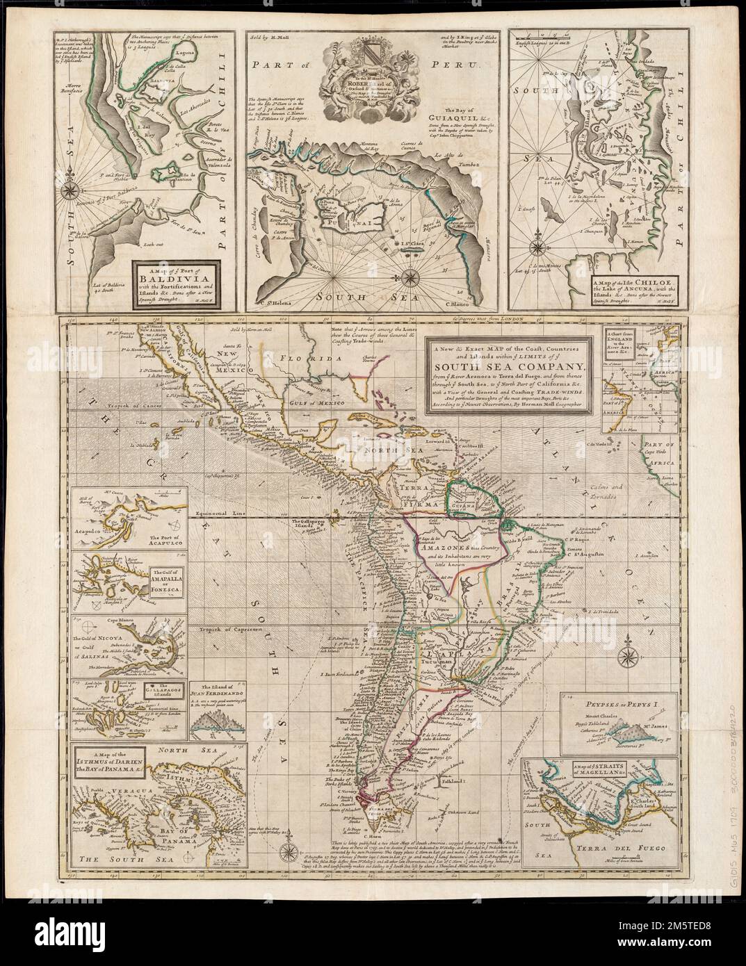 A new & exact map of the coast, countries and islands within ye limits of ye South Sea Company, from ye river Aranoca to Terra del Fuego, and from thence through ye South Sea, to ye north part of California &c. with a view of the general and coasting trade-winds : and perticular draughts of the most important bays, ports &c. according to the newest observations. Relief shown pictorially. Insets: A chart from England to the river Aranoca &c. -- Peypses or Pepys I. -- A map of ye Straits of Magellan &c. -- A map of the isthmus of Darien the bay of Panama &c. -- The island of Juan Ferdinando -- T Stock Photo