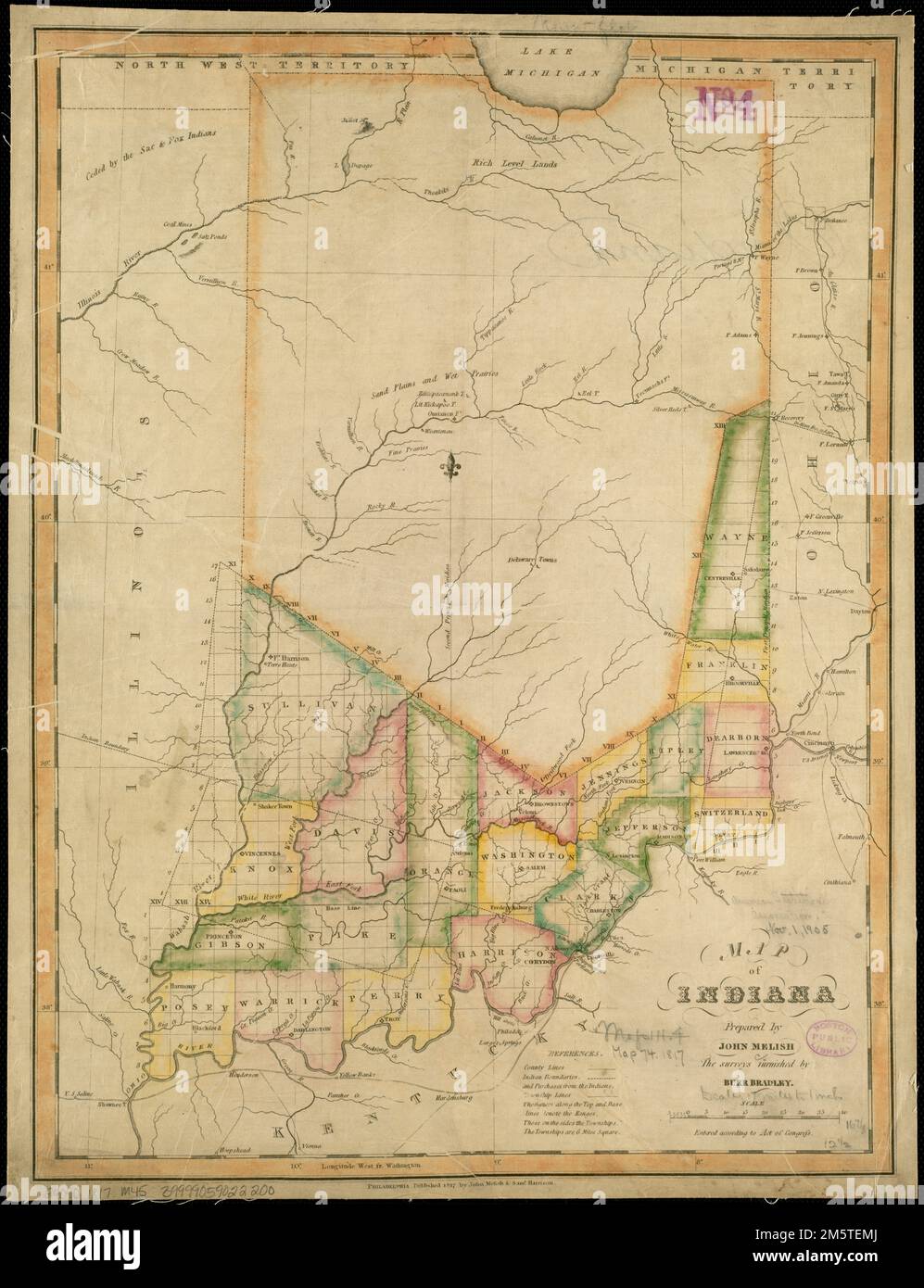 Map of Indiana. Relief shown pictorially. Identifies counties in southern Indiana.. America Transformed: Indiana Territory ('Land of Indians') was similarly carved out of the Northwest Territory in 1800. Published in 1817, a year after Indiana’s statehood, this map indicates that officials had divided the southern third of the state into counties and townships. Numerous tribal nations, including the Myaamiaki (Miami), Kiikaapoi (Kickapoo), Lenape (Delaware), Shawnee, and Neshnabé (Potawatomi) inhabited the region. The map identifies land cessions before 1817 with dashed lines. From the 1820s t Stock Photo