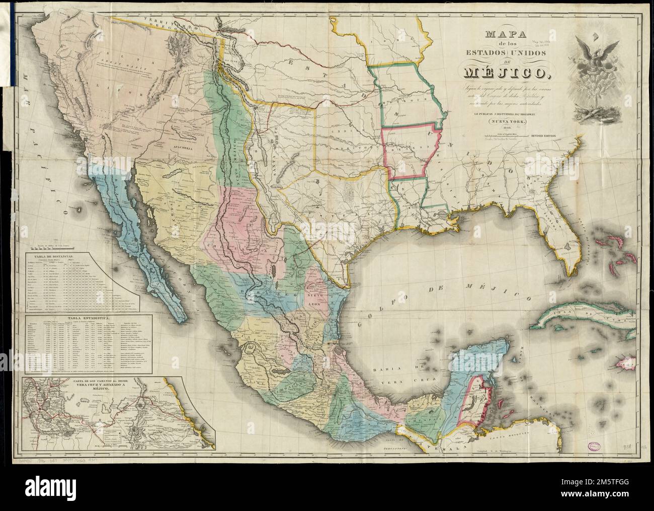 Mapa de los Estados Unidos de Méjico. Relief shown by hachures and spot heights. Differs from other 1846 variants in having all the following details: 'scale of English miles' instead of 'scale of miles,' 'revised edition,' 'Rinconada Pass' near Monterrey, Mexico, and trail between San Antonio and Austin (source: Rittenhouse's Disturnell's treaty map. Stagecoach Press, 1965.). Prime meridian: Washington. Inset: Carta de los caminos &c. desde Vera Cruz y Alvarado a Méjico.' Includes illustration, distance table and statistics table. In Spanish. Some labels in English.. America Transformed: Pu Stock Photo