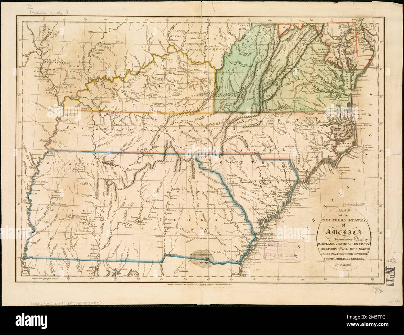 Map of the southern states of America, comprehending Maryland, Virginia, Kentucky, Territory s'th of the Ohio, North Carolina, Tennessee Governm't., South Carolina, & Georgia. Relief shown pictorially. 'Russell del. et sculp.' From: An historical, geographical, commercial, and philosophical view of the United States of America / W. Winterbotham. New York : Printed by Tiebout and O'Brien, for J. Reid, 1796. Vol. 3, p. 1. Prime meridian: London.... , Southern United States  ,area Stock Photo