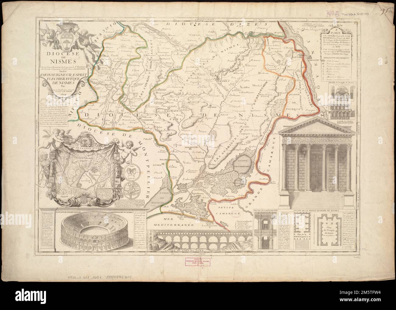 Diocese de Nismes. Relief shown by hachures. Includes text. Insets: Plan de la ville Nismes -- Elévation perspective de l'amphiteatre de Nismes -- Façade du Pont du Gard -- Façade de l'amphiteatre -- Façade de la Maison quarreé de Nismes -- Profils̀ du Temple de Diane.... , France  , Languedoc-Roussillon  ,region  France  , Occitanie  ,region   , Nîmes Stock Photo