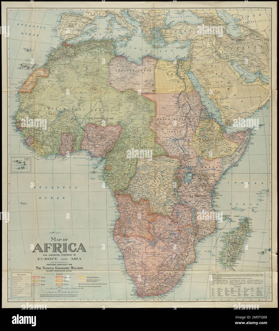 Map of Africa : and adjoining portions of Europe and Asia. Relief shown by shading and spot heights. Includes inset: Cape Verde Islands, and note on transliteration system. 'Copyright 1922, by the National Geographic Society, Washington, D.C.'... , Africa Africa Stock Photo